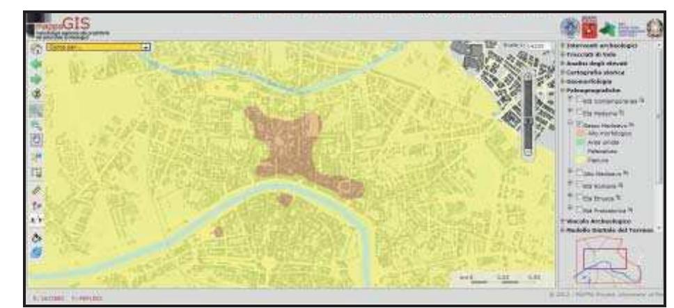 Fig. 3.23 Detail of the late medieval palaeogeographical map (from MAPPAgis www.mappaproject.org/webgis).  Fig. 3.22 The archaeological interventions which brought to light late medieval finds (in green), from the MAPPAgis (www. mappaproject.org/webgis).  Zeno to the area of the new Episcopal curtis. From a material viewpoint, the excavations brought to light cobbled paving and/or paving stones. During the IX-X century, the city seemed to slowly expand and also lay the foundations for a new start. Ceramics show the presence of exchanges with the high-Tyrrhenian area and with the Campania-Lazio area; above all, however, the end of the X century saw the arrival of Mediterranean  pottery. 