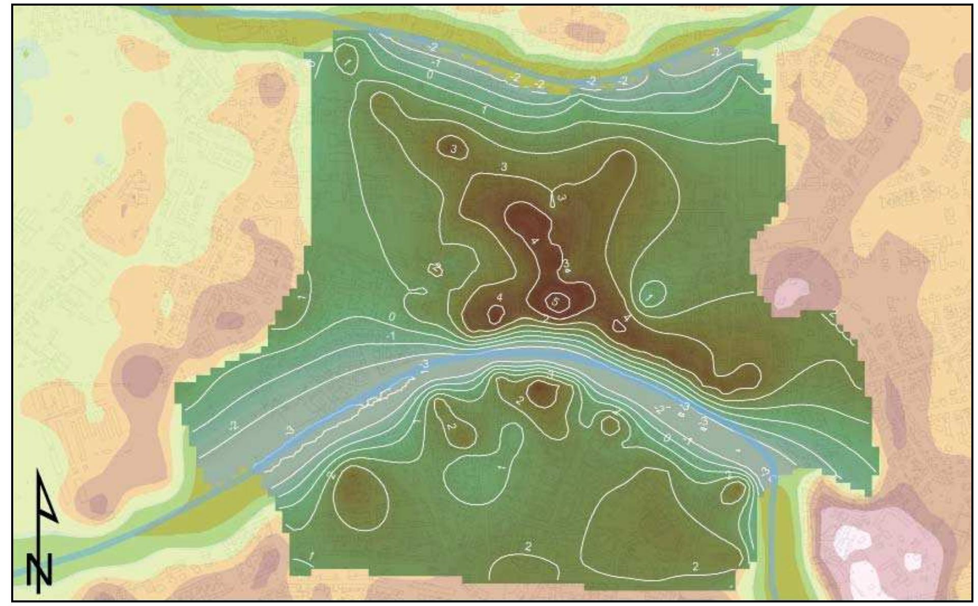 Fig. 3.24 The late medieval DEM of the urban area created using the ANUDEM algorithm; the centre, with the contour levels, is the most reliable area, created thanks to the elevation points collected during the archaeological investigations.  the most reliable area, created thanks to the elevation points col  and east of the piazza Santa Caterina - via Fucini, via Verdi axis, represent the morphological trace of the two marshy areas described in the previous periods and well represented by the stratigraphic data. The reduction of the western wetland created a clearly marked stretch of the Auser riverbed along the current route of the Genoa-Pisa railway line, which favoured the channelling of flows to the north and west of the urban nucleus. Starting from the XI century, the urban course of the Arno River was the same as it is today, as  confirmed by the excavation of Palazzo Scotto. Positive morphologies attributable to strips of intermeander bars may be seen behind the convex bank of the wide bend that the river makes in correspondence of the urban nucleus. The DEM fig.3.24) relating to the urban area during the Late Middle Ages was completely changed compared  o the previous one (GATTIGLIA 2012), thanks to a  greater number of elevations points and better references for the current ground surface defined from the LiDAR, using the ANUDEM® algorithm, instead of the kriging interpolation as previously done. The result provides a representation of a city that is clearly divided by the Arno River, with elevations included between current -1 m a.s.l. and + 5.6 ma.s.l. The northern part shows a central and irregular (elevation above + 3 m a.s.l.) relief, which stretches to the northeast until reaching the church of Santa Caterina, and to the northwest until reaching via Leopardi; to the southeast, after curving inwards as far as the church of San Frediano, it reaches the area of piazza San Giorgio, while to the southwest, after a wide bend, it arrives  at the current area of via Gereschi/San Matteo. A slightly detached elevation above + 3 m a.s.l. is located at the Collegio Ferdinando. An elongated area (elevation above + 4 m a.s.l.) is visible in this 
