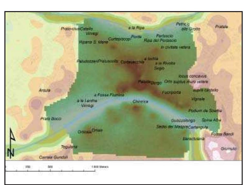 Fig. 3.25 The late-medieval DEM of the urban area with the  main medieval toponyms (re-elaboration from GARZELLA 1990 and REDI 1991).  portion, oriented towards southeast/northwest which stretches from San Michele in Borgo to piazza dei Cavalieri and then descends with a bend down to via Cavalca. Two micro-elevations above 4 ma.s.l. are located in the area of the current Cassa di Risparmio bank in piazza Dante and the cloister of San Michele in Borgo. The highest part (height above + 5 m a.s.l.) is enclosed in a small area between piazza Sant(Omobono and _ the adjacent stretch of via Cavalca. Both the eastern and western areas are depressed areas: to the west, the depression gently descends until reaching + 1 ma.s.l., to the east, instead, a large inlet is formed between the church of Santa Caterina and via Gereschi, with the core situated at the church of San Paolo all’Orto. A depression can be seen here, reaching an elevation of + 1 m as... It appears that during the Late Middle Ages the area of the Cathedral lost the topographical preeminence that had distinguished it during previous centuries (BINI et alii 2013). The southern area, south of the Arno River, is particularly characterised by depressed areas (minimum elevation 0 m as.l; maximum elevation + 3.9 maz.s.l.), located immediately to the west of the church of Santa Cristina, where the 0 