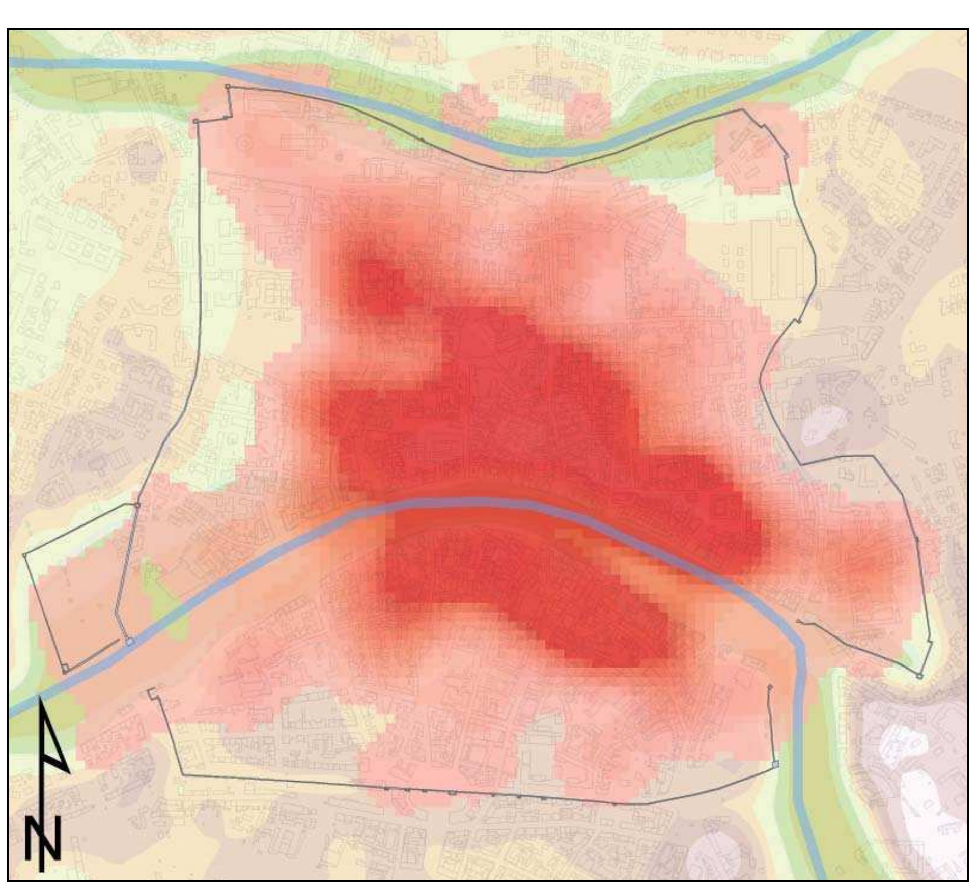 Fig. 3.26 KDE of the finds dated between the XI and XIV century, visualized as 1/4 Standard Deviation, overlapping the late me- dieval DEM. 