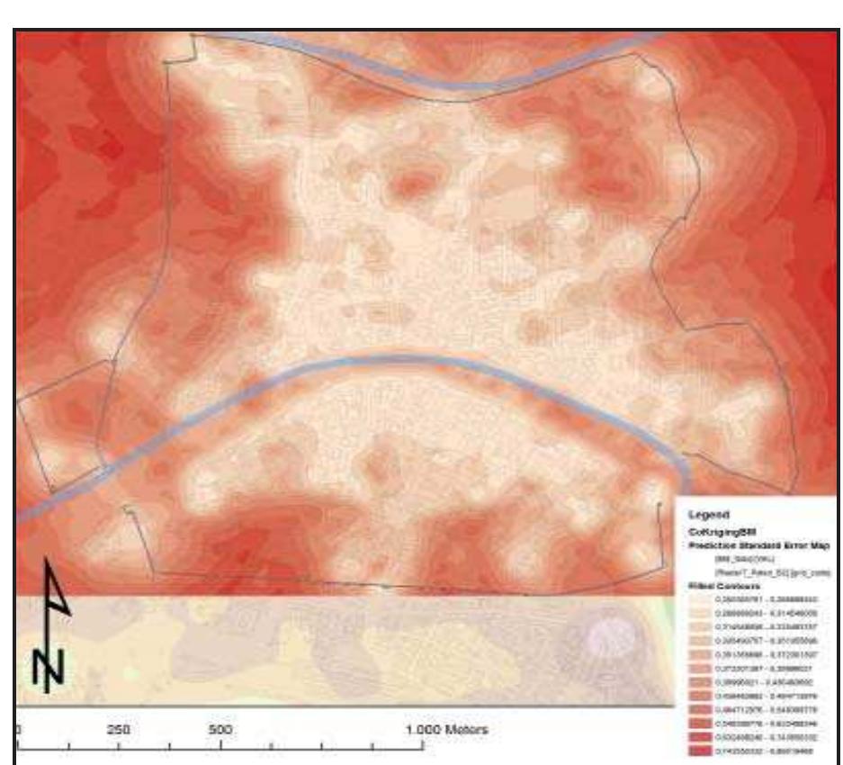 Fig. 3.28 The co-kriging validation map of the late medieval area: the lowest values (in white) refer to areas where predi- ction is most reliable.  Sant’Antonio™, and by monastery structures, 