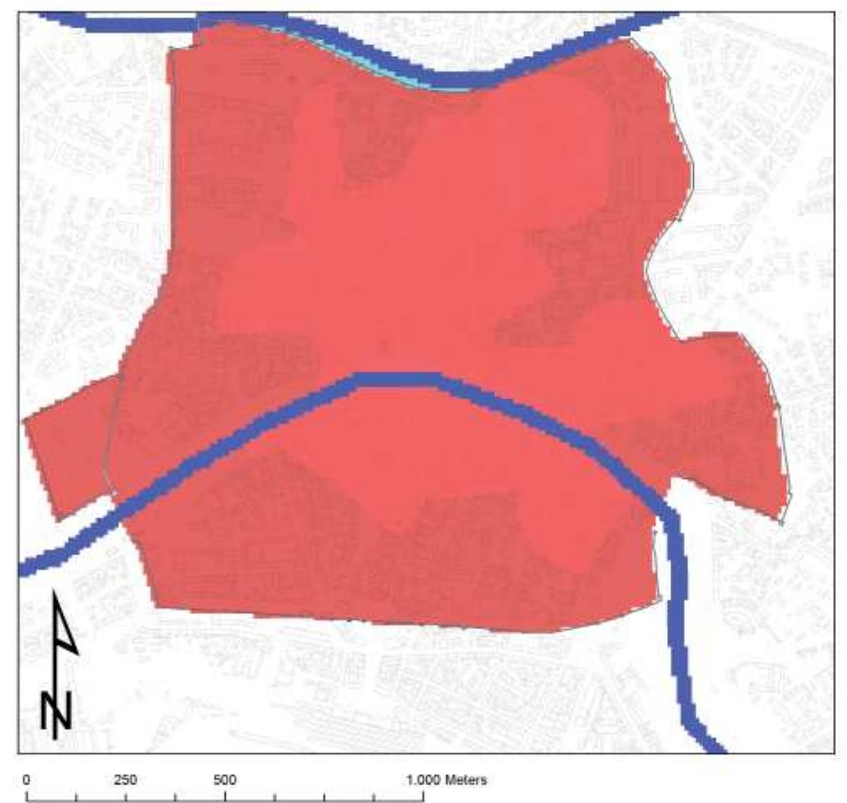 Fig. 3.29 The functional areas, related to the period ranging between the XI and XIV century, algorithmically created using the  MAPPA algorithm: the urban area is indicated in light red, the suburban area in dark red, the rural area in white, and the rivers in dark blue.  idi NX VIUC,.  facchini'® and via degli Uffizi, is the rchaeological demonstration of this urbanisation srocess. The construction of the city walls marked he culmination of the concept of the city by the nhabitants of Pisa themselves. The expansion  srocess of the city, with respect to the restricted nd partly no longer visible boundaries of the Late coman walled city, began and strengthened  luring the first half of the XI century, as attested yy the treaty of friendship entered into with \malfi in 1126, in which the three main urban 1uclei were together called populus Pisanus et <inthicanus et Foriportensis et de burgi eorum GARZELLA 1990:152). The occupation of urban paces was practically concluded during the first ialf of the XII century and, alongside creating a rue community, the construction of the urban valls also arrested the city’s expansion. The walls nclosed a space larger than that actually built.  They left room for possible expansion (which was never used) and also a sort of vital space with lands partly used for vegetable gardens and for the conservation of the XII century power elite. The walls were built between 1154 and 1161 in the northern part in seven subsequent lots (MARAGONE Annales; GARZELLA 1990:161-165; Rep 1991:140- 147). The works started from the cathedral. Between April 1156 and 1 January 1157, the walls running from San Zeno to the Calcesana gate were built and at the same time navigable canals were  excavated to allow easy transport of the petras pro muris from the quarries of San Giuliano to the area of San Zeno. The stretch of the Parlasci gate was built in 1157. By 1161, tota civitas was surrounded by walls, apart from Chinzica which was protected by the ditch and the wooden defences built in 1156 turribus et castellis et britischis (GARZELLA 1990:182- 3). Whilst we have sufficient information about 