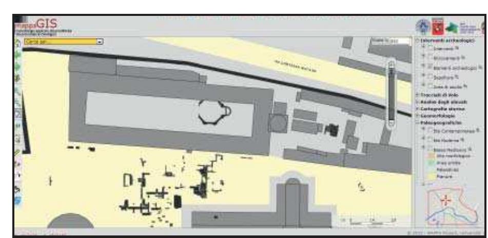 Fig. 3.31 The octagonal building found inside the Camposan- to Monumentale (upper centre), in relation to all the other structures found in the northern area of piazza del Duomo (from MAPPAgis www.mappaprojetc.org/webgis). 