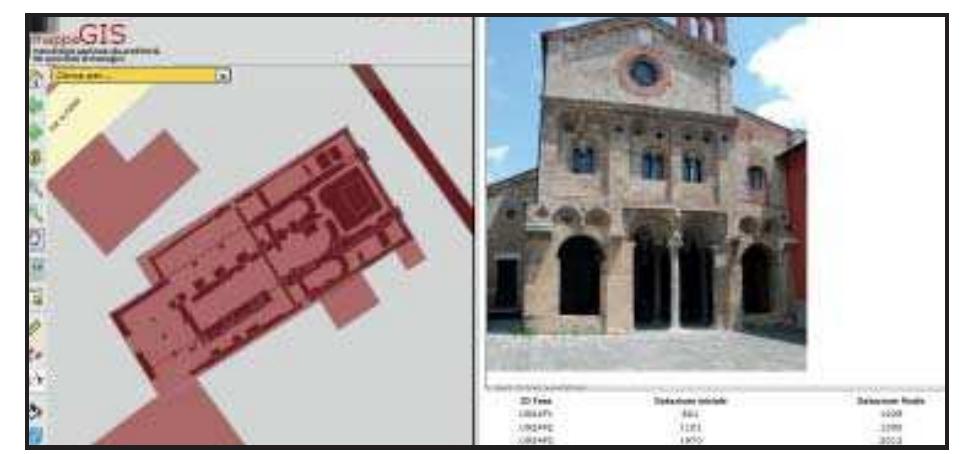 Fig. 3.32 The structures found inside the church of San Zeno which can be georeferenced and the record with summary data on the main construction phases (from MAPPAgis www. mappaprojetc.org/webgis). 