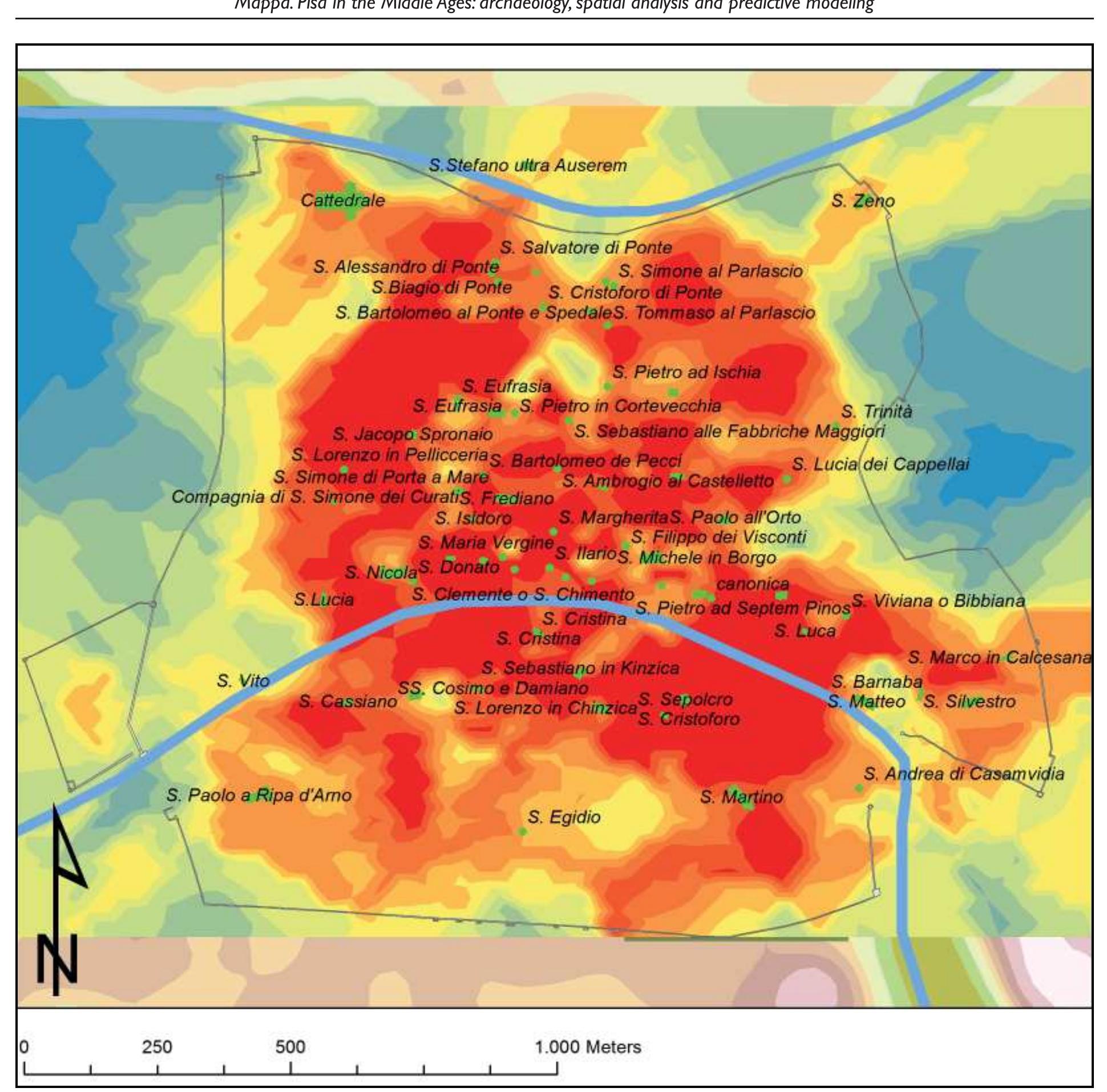 Fig. 3.34 The main religious buildings known and dated prior to the end of the XII century overlapping the late medieval co-krigin; interpolation. 