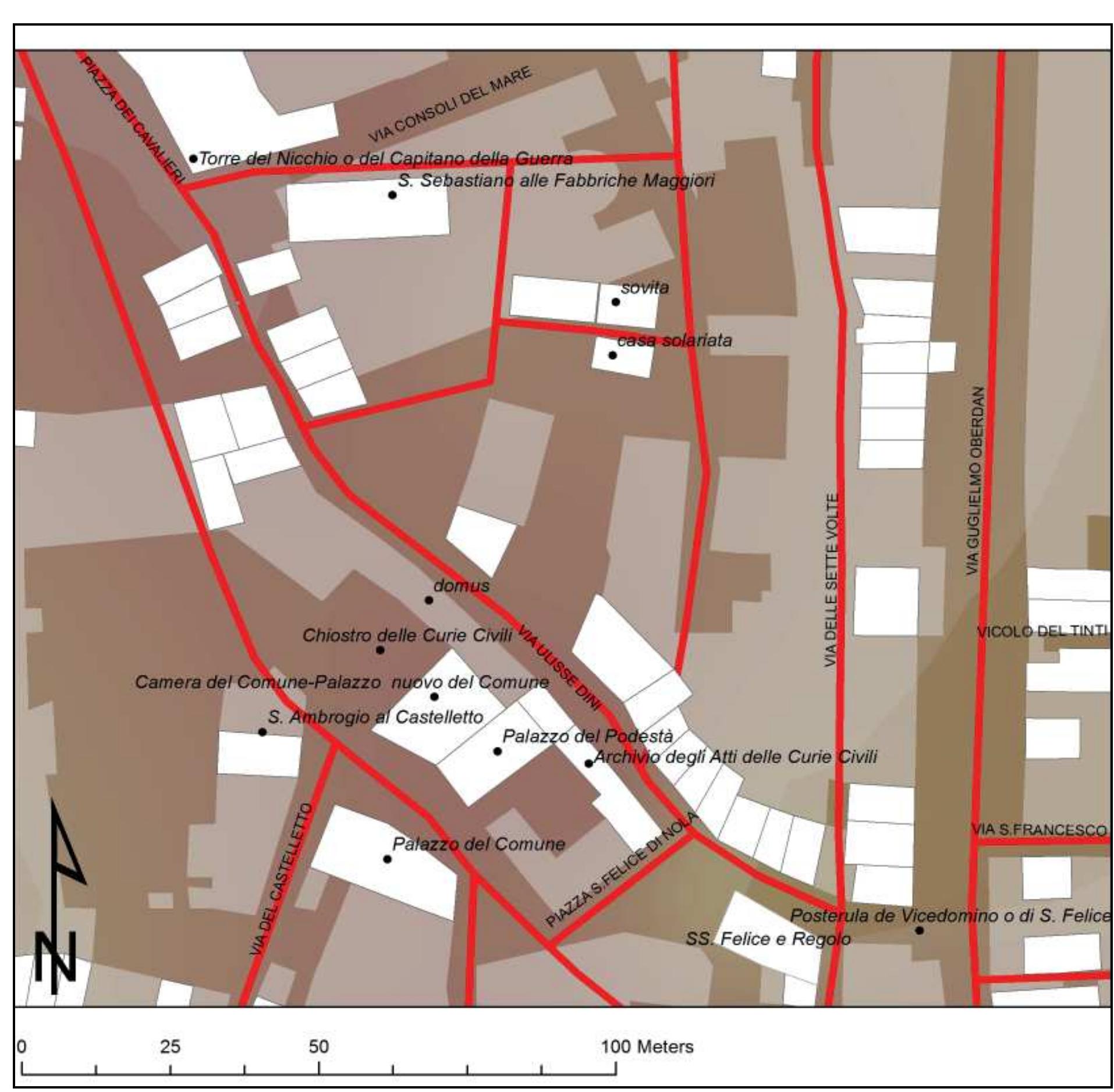 Fig. 3.36 Possible reconstruction of the area of San Sebastiano alle Fabbriche Maggiori during the Late Middle Ages. Georeferencin; of Caprile’s vegetable garden allows us to understand the topographic pattern of the area, locating the church of San Sebastiano witt sufficient accuracy and highlighting the route of via de fabricis (which coincides with currentVia Ulisse Dini), upon which tower house: presumably rose and behind which the metallurgic workshops were located. The buildings that can be reconstructed on the basis o archaeological sources (excavations and building analysis) are indicated in white, the medieval road networks in red, and the curren  urban fabric in grey. Current road toponymy has been used. 