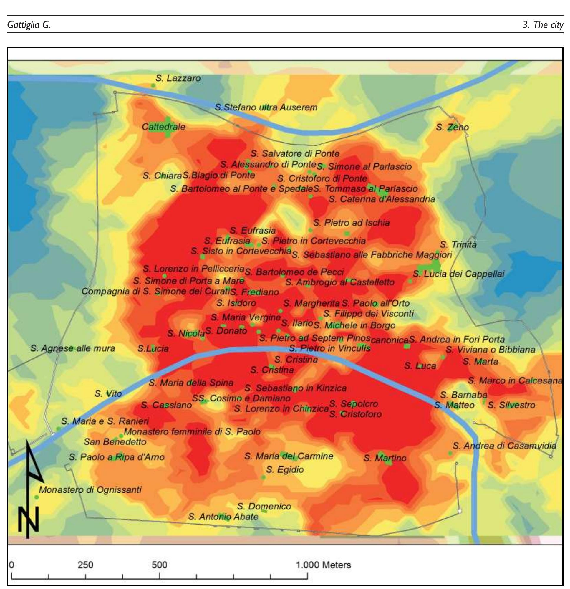 Fig. 3.40 The main religious buildings known and dated before the end of the XIV century overlapping the late medieval co-kriging 