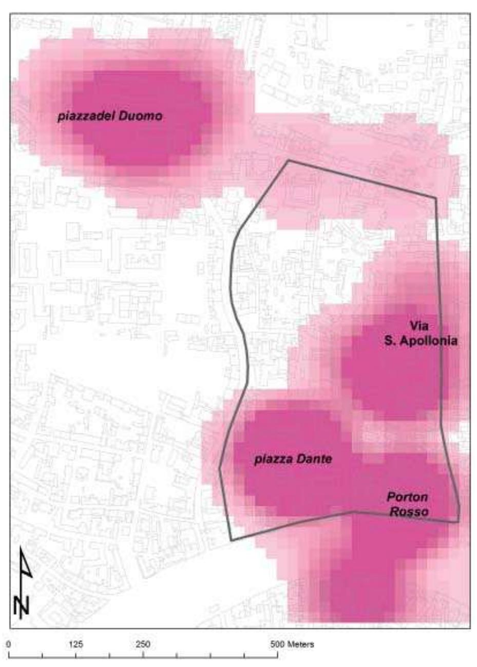 Fig. 3.42 Location of the finds mentioned in the text within the current city. The KDE of the VIIl-X century finds is indicated in fuchsia.  domus once arose, a rectangular structure partly uses the still emerging structures and overlooks an area to the south with burials and a large pit. The northern sector of the current square’, further away from the cemetery, is occupied by buildings made of perishable material, with a dry stone masonry socle, partially abuting on residual Roman structures, a timber covering, as confirmed by the postholes, associated with waste pits and hearths. This area may have been occupied by timber structures between the VII and VIII century. Apart from the waste pits, however, no   domus once arose, a rectangular structure partly 