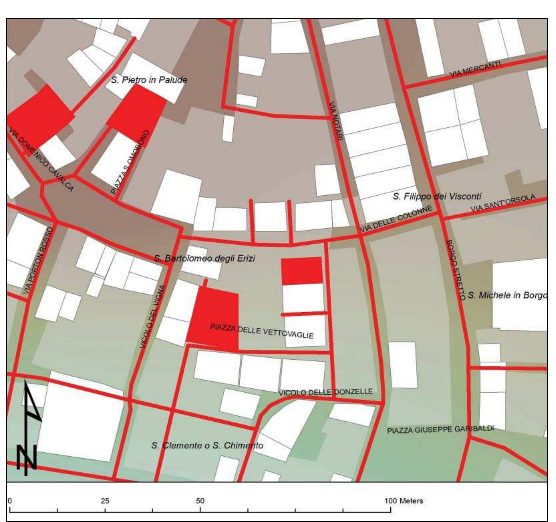 Fig. 3.45 Possible reconstruction of the area corresponding to current piazza delle Vettovaglie/piazza Sant’ Omobono during the Late Middle Ages. The buildings reconstructed on the basis of archaeological sources (excavations and building analysis) are indica- ted in white, the medieval road networks in red, and the current urban fabric in grey. Current road toponymy has been was used. 