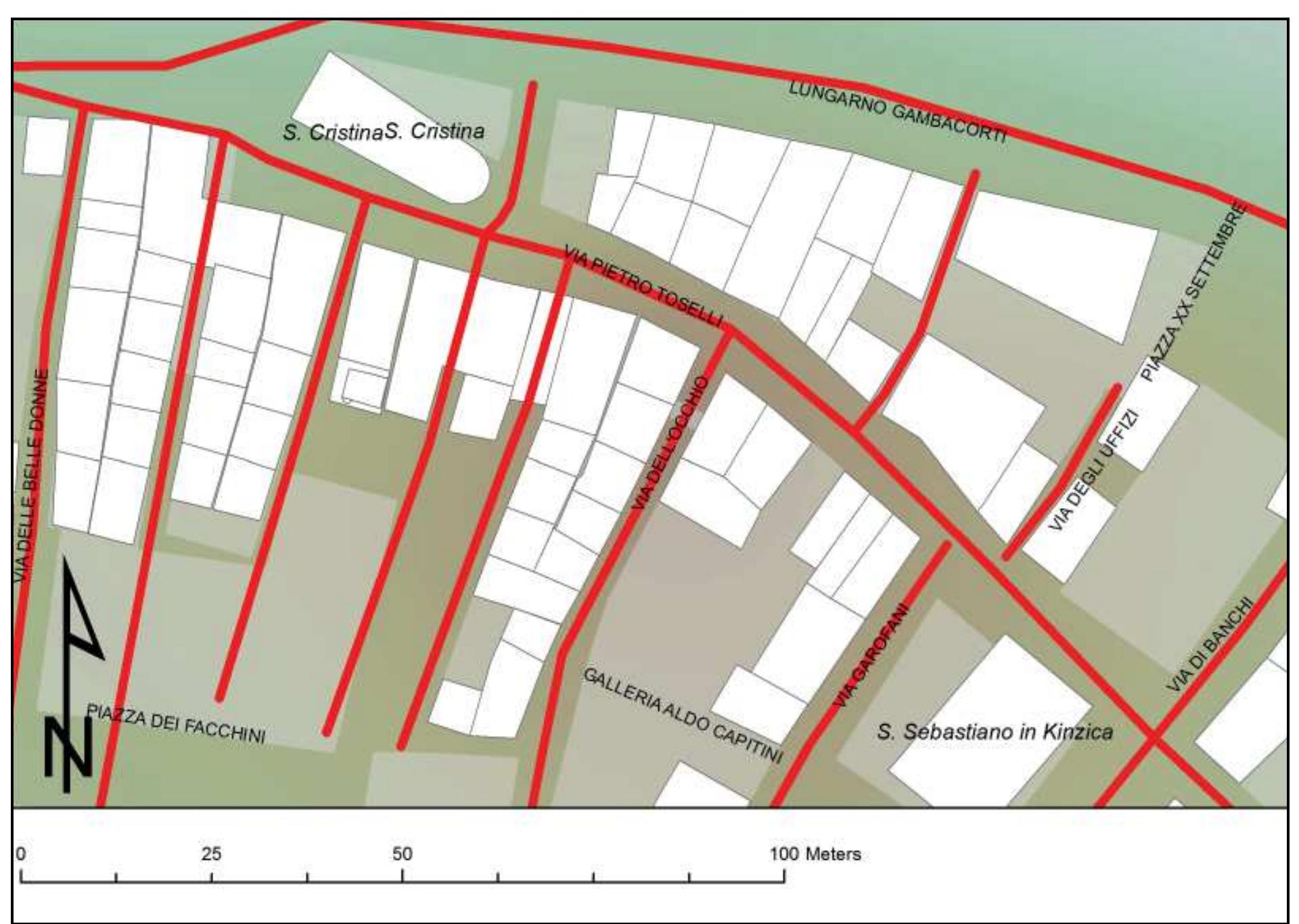 Fig. 3.46 Possible reconstruction of the area between Santa Cristina and San Sebastiano in Chinzica during the Late Middle Ages. The buildings reconstructed on the basis of archaeological sources (excavations and building analysis) are indicated in white, the medieval road networks in red, and the current urban fabric in grey. Current road toponymy has been used. 
