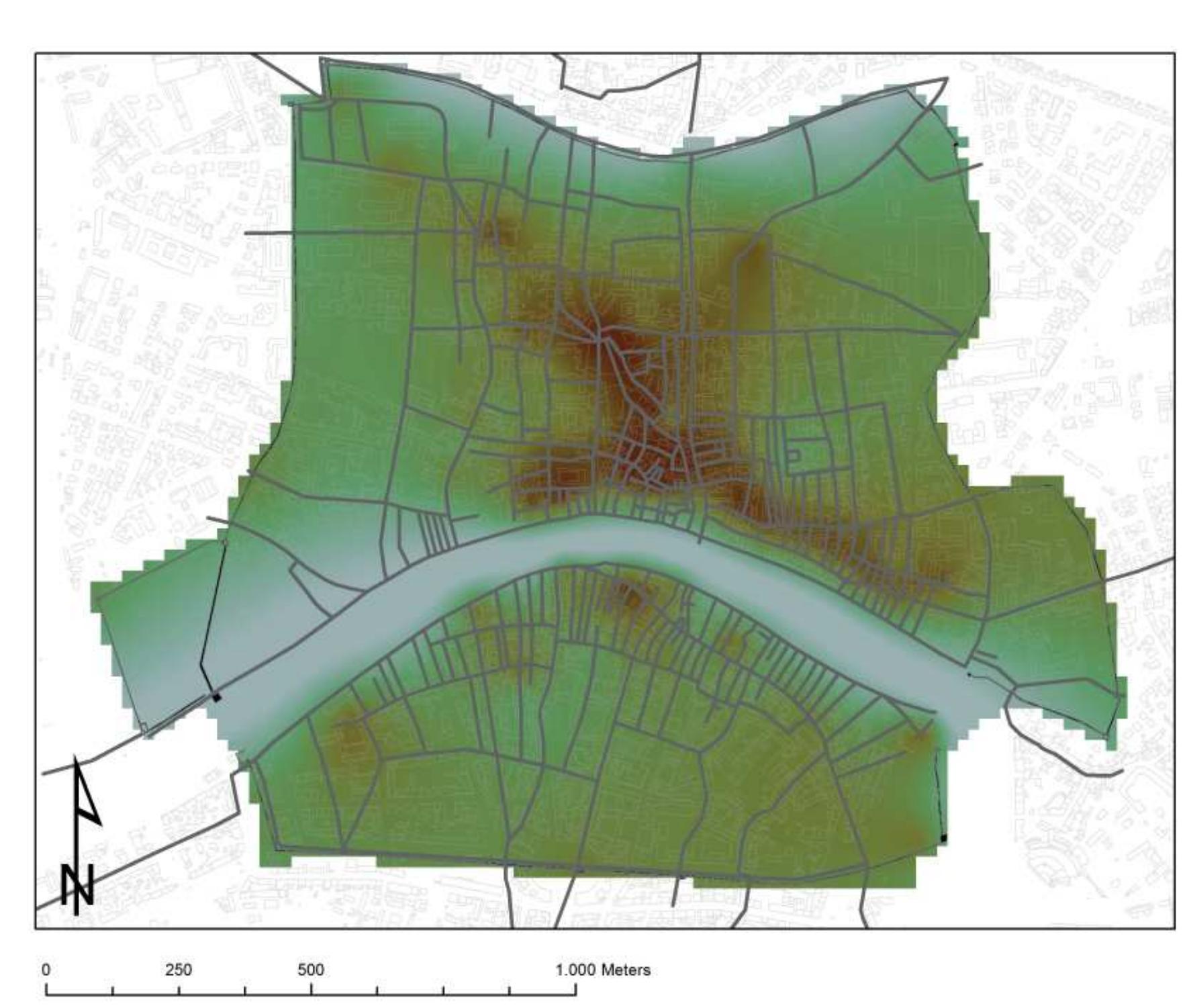 Fig. 3.56 The main late-medieval urban road connections (in grey), reconstructed on the basis of archaeological data, historical mapping and assumptions drawn from REDI 1991 and TOLAINI 1992, overlapping the late-medieval DEM.  therefore restored and adapted to the new walled civitas (fig. 3.56).  Teachh gsrounawater, offer COmtauunes ime OF brackish water, so we can assume that wells were excavated starting from the Early Middle Ages, probably in association with direct supply from river waters, although not archaeologically attested. We have knowledge that many wells were built from the mid XI century. Public wells were located in squares and widenings, private wells were positioned in the courtyards of tower houses and wells could also be found in connection to workshops, which needed abundant water. The most ancient documentation relates to a small well found in the excavation of piazza dei Cavalieri’™ associated with a metallurgical phase dated between the mid-xXI century and first half of the XII 