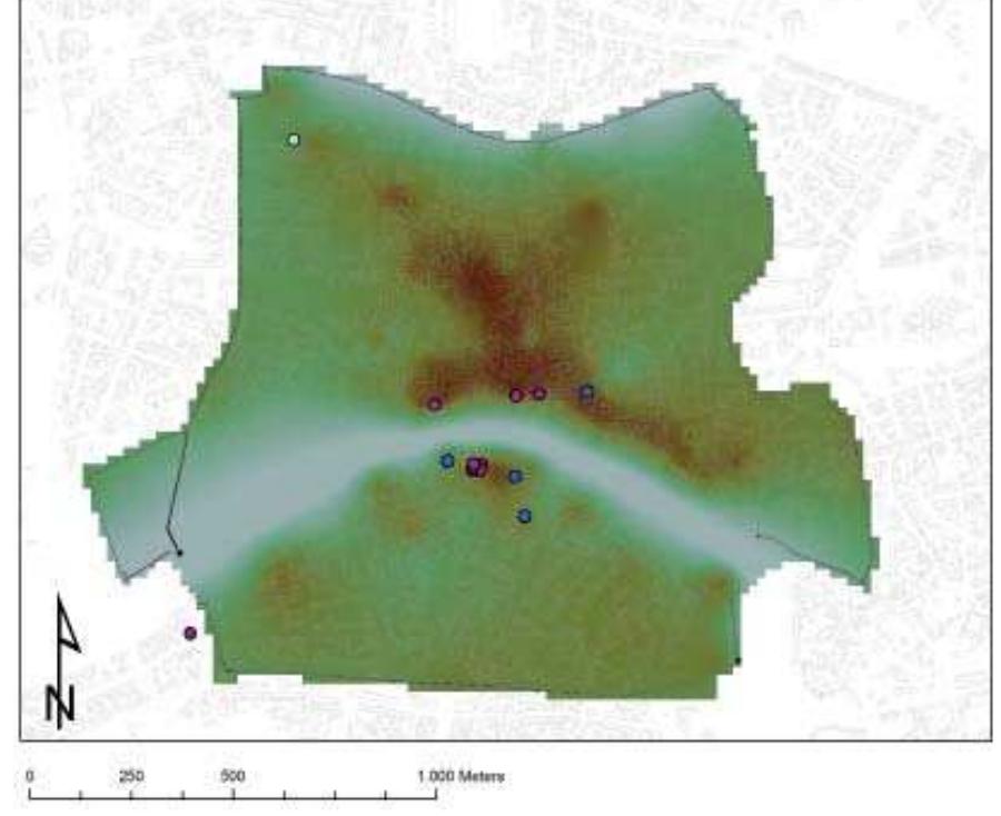 Fig. 3.59 The late medieval DEM shows the positioning of waste dumps (in purple), sewage systems — cesspits for example (dark blue) — and freshwater systems (blue).  construction of the first waste containment wall in via dei Facchini dates back to the XIV century. On he contrary, the continuous use of these spaces is attested by the deposits which, in the case of he alley of via dei Facchini, cover a chronological period ranging from the end of the XI to the end of he XIV century, and by the waste disposal practices implemented by removing and periodically cleaning  hese spaces. This is confirmed by the silty layers with a low presence of ceramic materials, and by the conformation of the layers moulded by the action of water running through the alley deposits, all prior to the construction of the wall closing the narrow alley. The alley of via dei Facchini provides good evidence of the type of waste disposed of: domestic waste related to the rests of meals, both of animal and vegetal origin, and to cooking ware no longer used, as well as fox fur manufacturing waste from the nearby furrier, and construction materials used for internal renovations. Even in this case, the study of the fauna gives us a detailed picture of the food eaten in a wealthy environment between the XII and XIV century. The inhabitants of the tower houses had the opportunity to follow a varied diet mainly composed of mutton and goat meat (the main source of animal proteins), with a prevailing consumption of mutton   he contrary, the continuous use of these spaces 