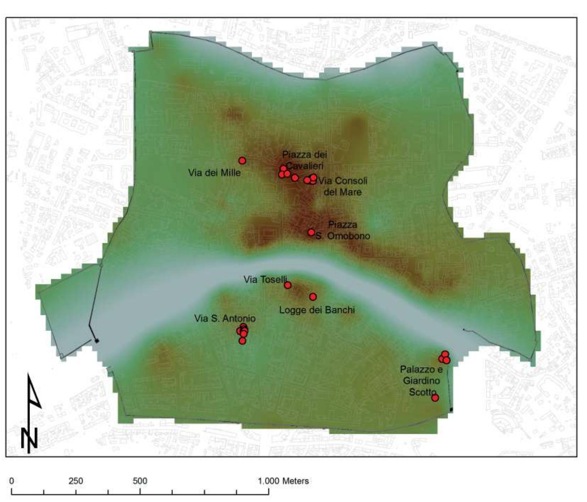 Fig. 3.60 The metallurgical areas identified inside the urban centre of Pisa.The finds are positioned on the late medieval DEM  probably situated in the former Scheibler area Even written sources, especially the 1305 Breve dell’Arte dei Fabbri (GARZELLA 2000), and to a lesse1 extent the 1228 oath*” (SALvatorr 1994), help us understand the topographic position of the metallurgic workshops: at San Sebastiano, Sar Lorenzo alla Rivolta, Santa Cecilia, Porta Buoza,  the Cathedral and Fuoriporta, north of the Arnc  River, and at the carraia Pontis Veteris (Corsc 