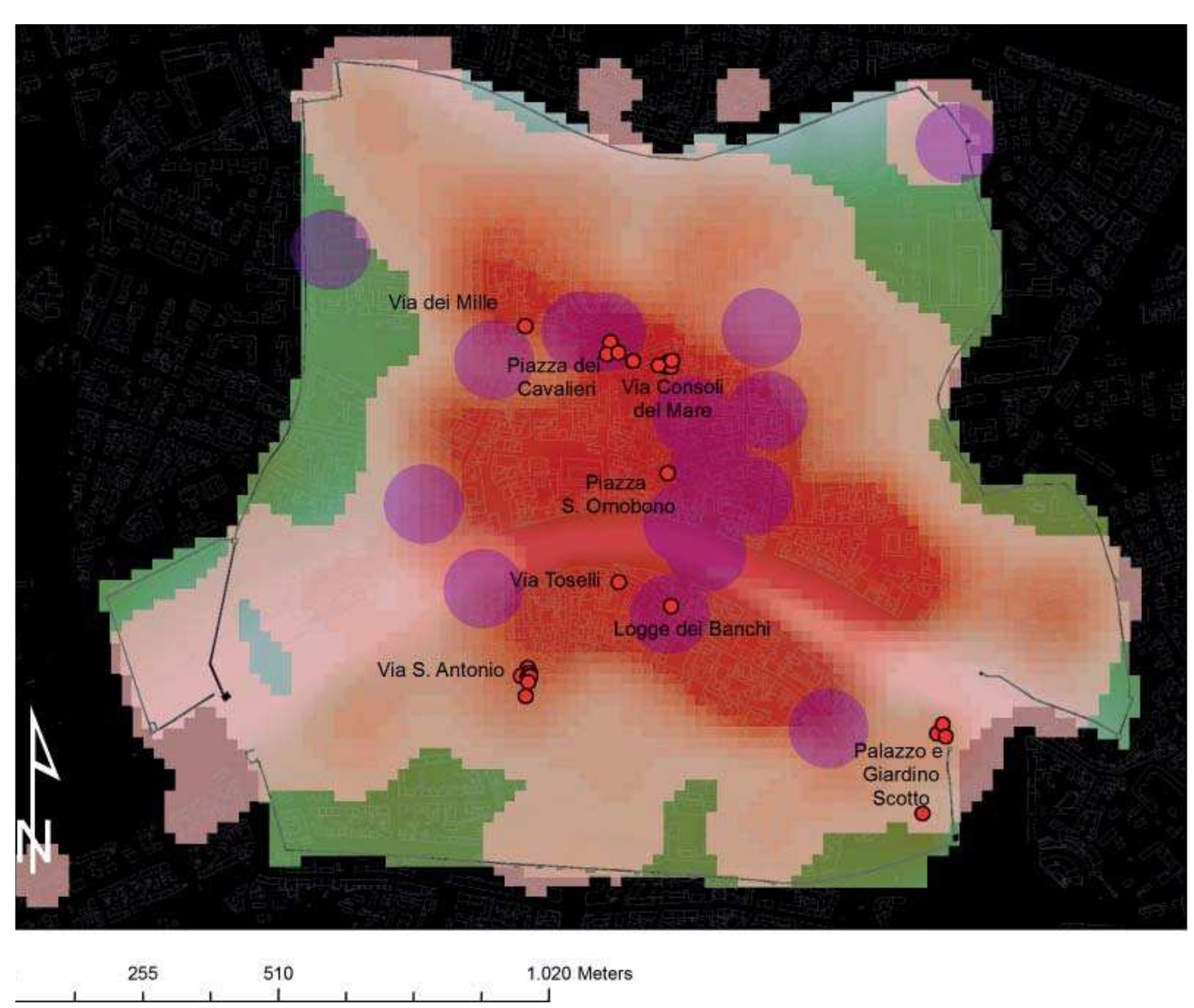 Fig. 3.65 Location of the metallurgical workshops within the urban centre of Pisa during the Late Middle Ages, revealing their high number. The metallurgical areas evidenced by archaeological sources are indicated in red, while the buffer areas in violet (75 m radius) are obtained on the basis of the metallurgic production activities identified through written sources (from GARZELLA 2000 and REDI 1991: tav. 25) and available in the elementi_urbani_ipotesi.shp file. Overlapping with the KDE of late medieval finds shows that that these workshops were concentrated in the urban area. 