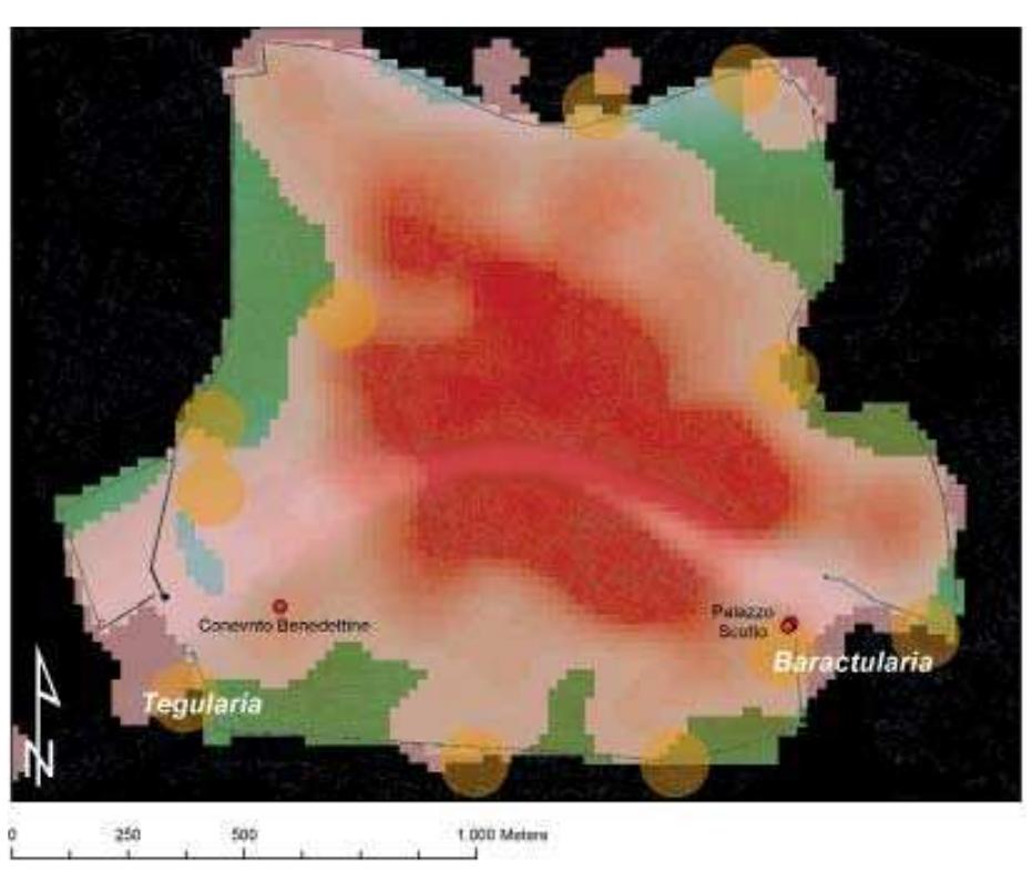 Fig. 3.66 The KDE of late medieval finds shows buffer areas (75 m radius, in yellow) containing the location of the cera- mic and tile workshops inferable from written sources (ela- boration from REDI 1991: tav. 25), of the toponyms Tegularia and Baractularia, and of the finds that can be more explicitly attributable to the presence of production areas, revealing the suburban nature of these workshops. 