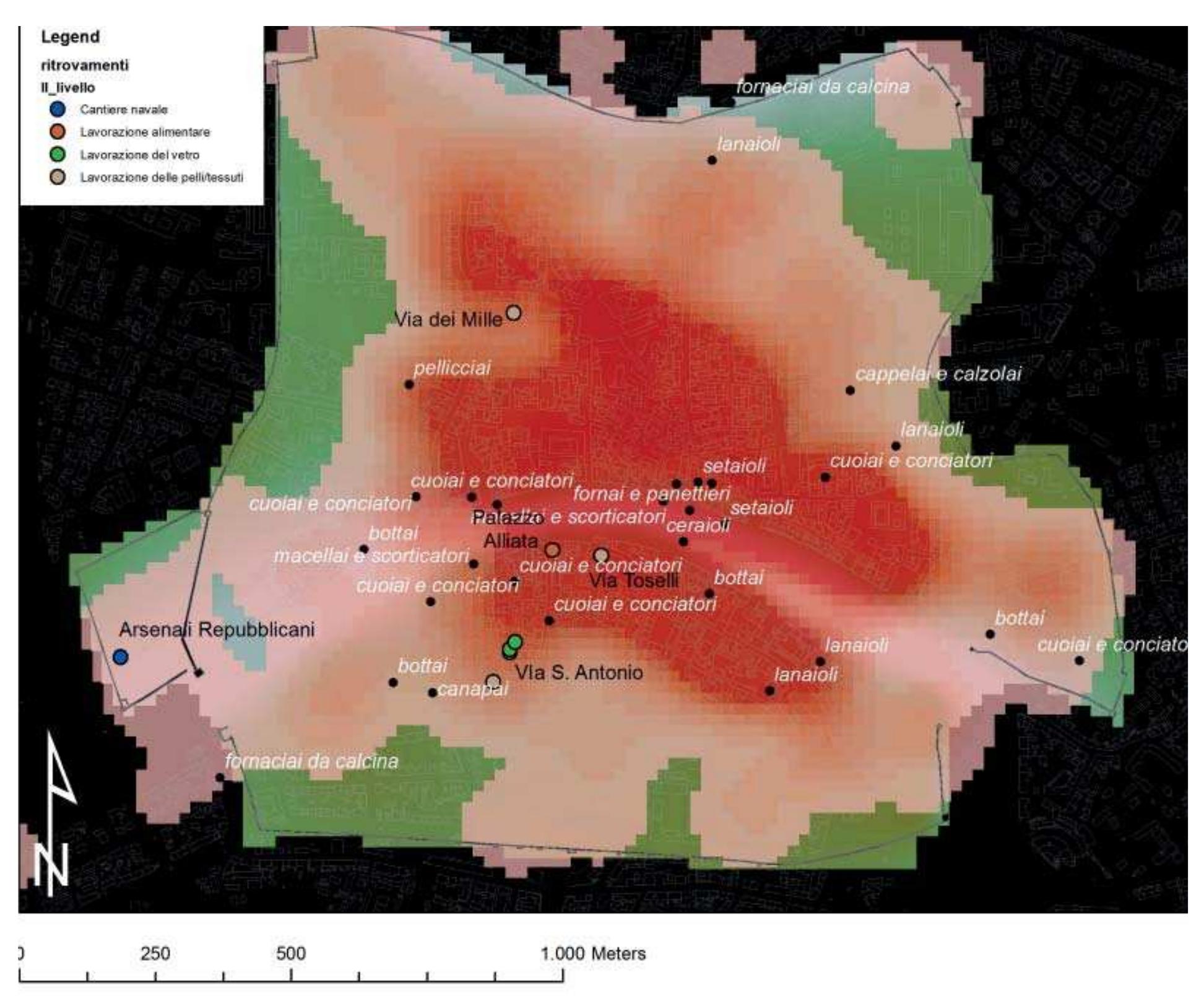 Fig. 3.67 Location of late medieval finds on the KDE relating to production activities (with the exclusion of ceramic, tile and metallurgic workshops) on the basis of written sources (re-elaboration from REDI 1991) in white, and of the archaeological  data relating to the presence of leather/fabric (light brown) and glass manufacturing (green), food processing (orange) and shipbuilding activities (dark blue). 