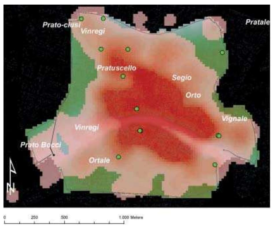 Fig. 3.71 Location of the late medieval finds and main toponyms (re-elaboration from GARZELLA 1990 and REDI 1991) on the KDE relating to vegetable garden areas; a higher number of vegetable garden areas may be seen in the suburban section together with a lower number of gardens/vegetable gardens in the urban area. The use of KDE in this case is preferable because the co-kriging interpolation is directly influenced by this kind of finds; the algorithmically elaborated model provides a result similar to KDE. 