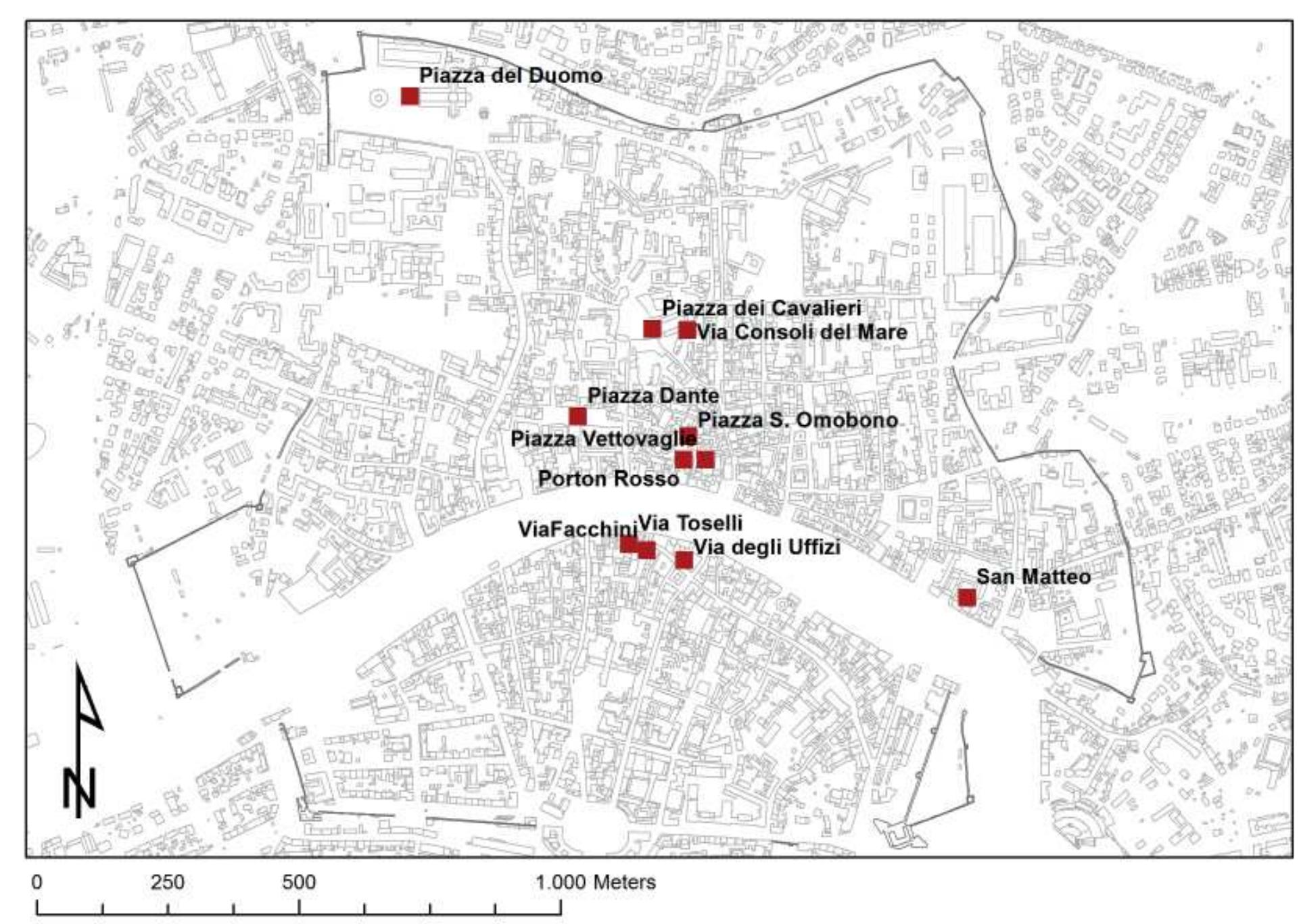 Fig. 3.72 Location of the main archaeological interventions mentioned in the text.  via degli Uffizi’, where the quality of the ware »vercomes, at least partly, its small amount (fig. 3.72). The chronological range proposed contains elements of arbitrariness, due to changes in the ‘eramic associations identified in the stratigraphic -ontexts. The chronological range must not be -onsidered as a sharp interruption of the passage of time, but rather as a simple way to highlight ‘ertain events.  Whiddle Ages, between the Vi and Vill century. The first element that must be taken into account is that the economic and commercial liveliness of the city and local areas appears to continue until the first decades of the VII century, given their inclusion in the Byzantine world. Trade exchanges were dictated by political and strategic reasons which allowed goods to arrive from the African coasts and eastern Mediterranean areas but also from the nearby Ligurian ports under Imperial control, as in the areas belonging to the Tuscan coast, Tuscan archipelago and Liguria. Traffic and routes began to change already during the second half of the VII century, when considerable pressure by the Lombards managed to weaken a commercial system essentially based on intervention by the Byzantine state, and forced it  elements of arbitrariness, due to changes in the 