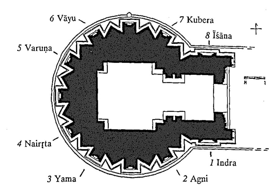 As typical Central Indian vehicles, the quadruped for Nairrta and the goose for Varuna are clearly recognizable. Whether Vayu was accompanied by a horse is not certain, because of the poor exe- cution and the severe damage to the image. However, this was prob- ably the case, since the god’s scarf leaves no space for the horns of an antelope (fig. 149).  Ill. 27: Indor, Siva Temple, plan (after MeisTer 1982: fig. A), 
