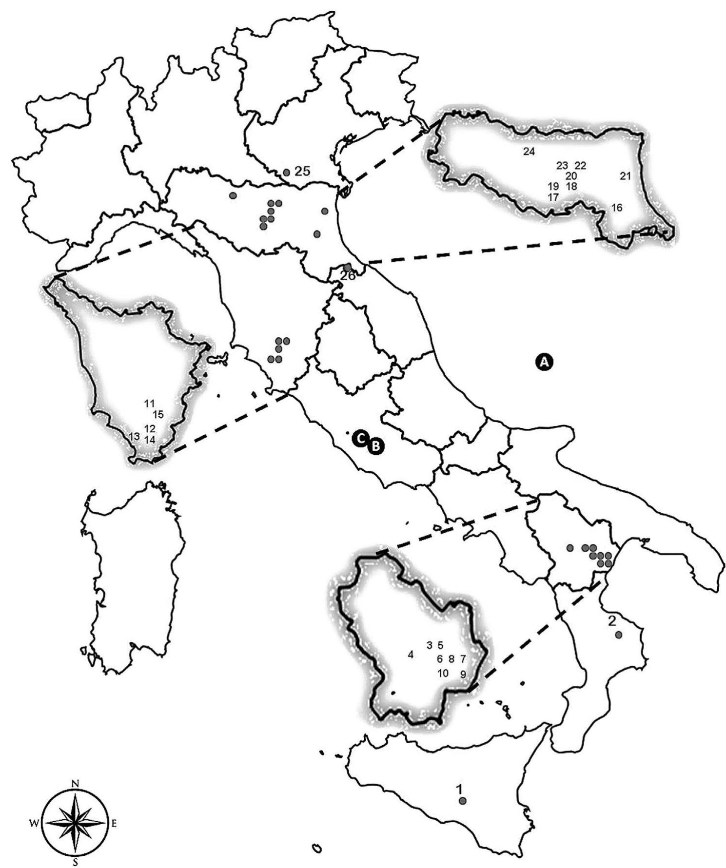 Fig. 1. Location map of the sites whose data are elaborated in this paper. Letters A,B,C and numbers (from 1 to 26) correspond to the sites reported in Table 1 