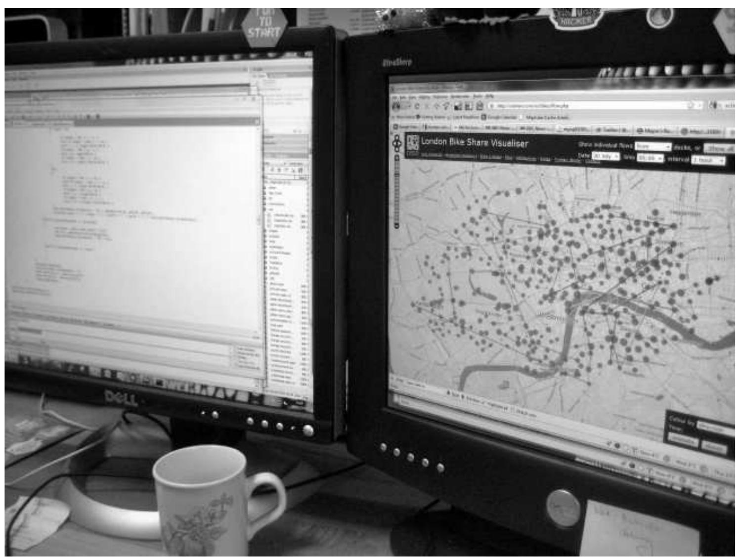 Figure 1.2 Cached MySQL database consisting of number of bicycles and time stamps “scraped” from websites (on left) with the near real time visualization of the data in JavaScript (on right; in this case London’s bicycle share scheme). Bubbles indicate location of bicycle docks, with size proportional to the number of bicycles  currently available. Colored lines show movement of bicycles between dock stations (Informant 5, October 19, 2010). 