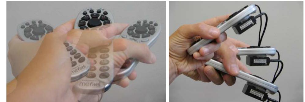 Buttons: the left and right button input was use to pan the rings counterclockwise or clockwise; down to pull an item closer or activating it, and up to push an item away or deactivating it. Gestures: rotation of the phone left or right to pan the rings (shown in figure 2a); vertical gesture upwards/towards the user for pulling the item in focus closer, and a vertical movement downwards/farther away from the user to push the item in focus away (shown in figure 2b).  Figure 2a,b. Gestural interaction techniques: panning (left) and pitching (right) 