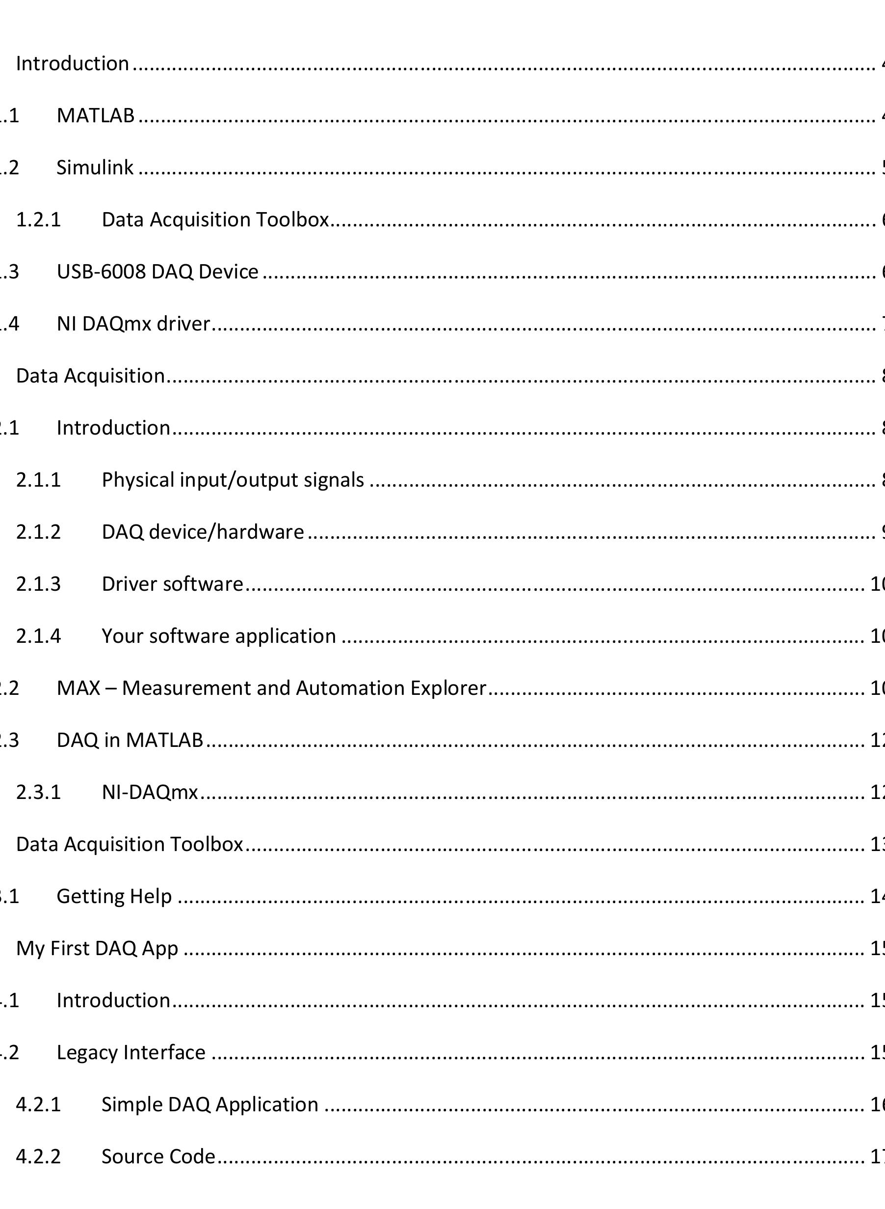 Table 1 - Data Acquisition in MATLAB