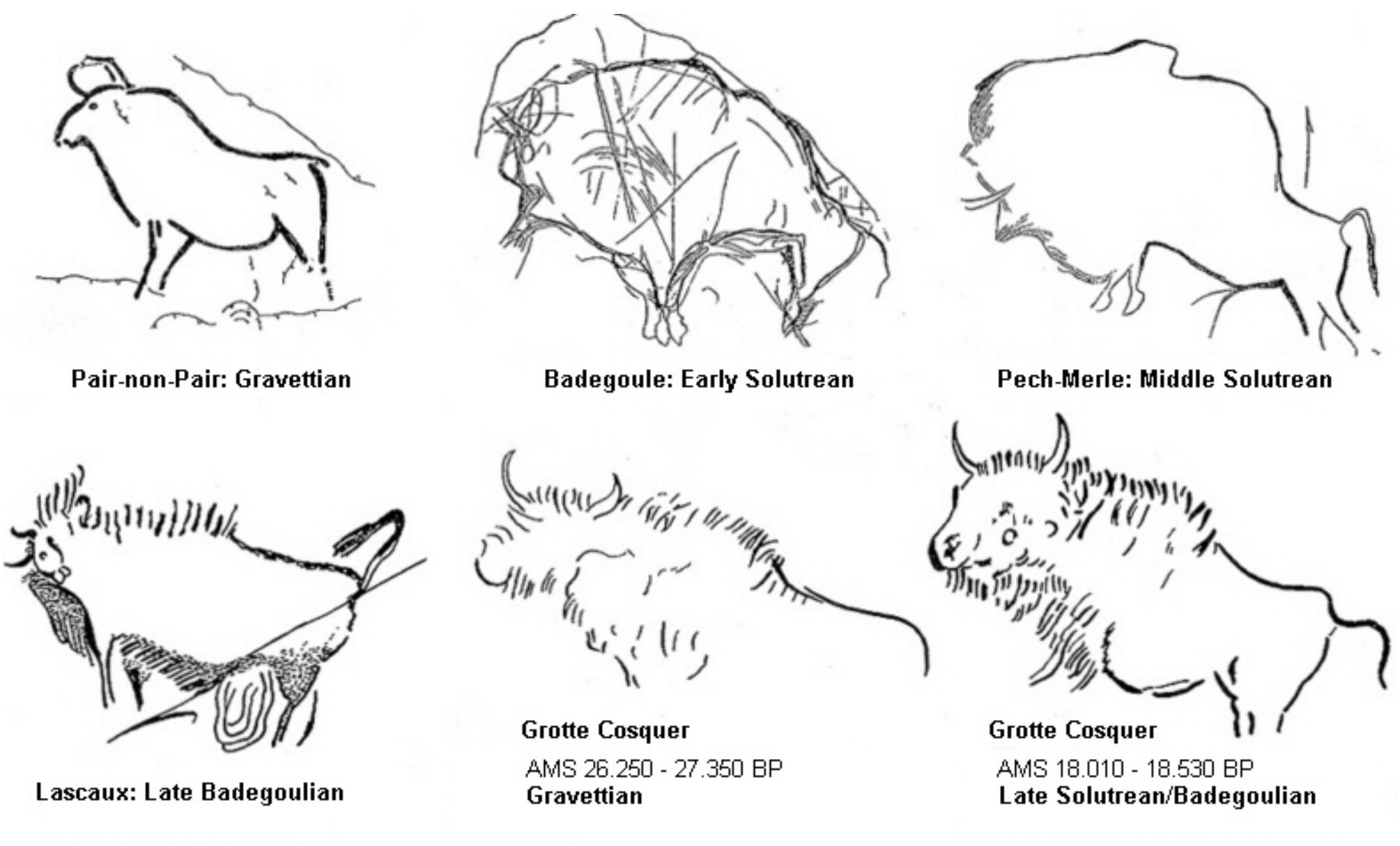 Rock paintings of bison from different cave sites in france,