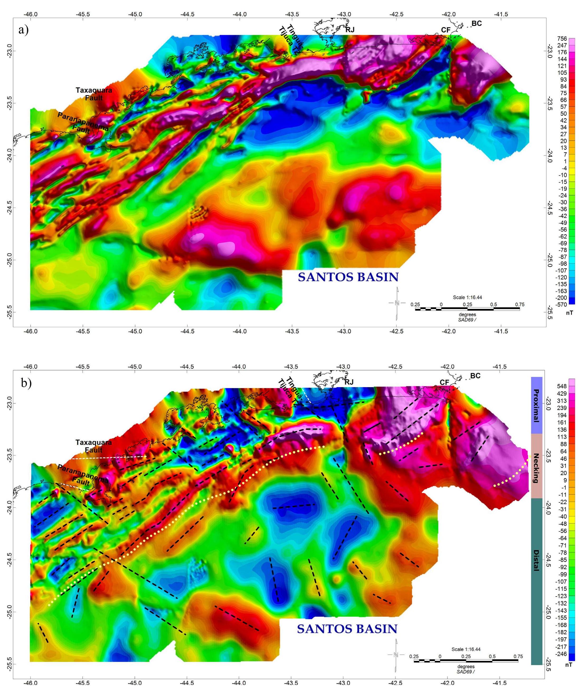 A) aeromagnetic anomaly map, illumination from ne. b)