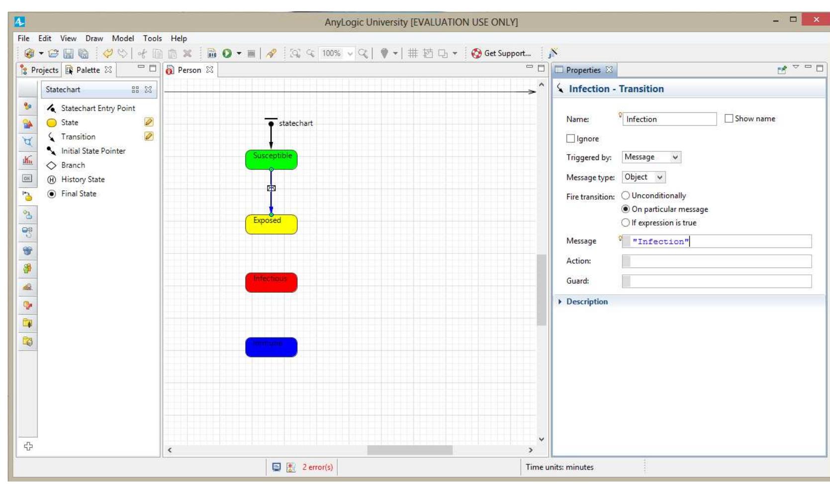 To create infection transition in anylogic 7