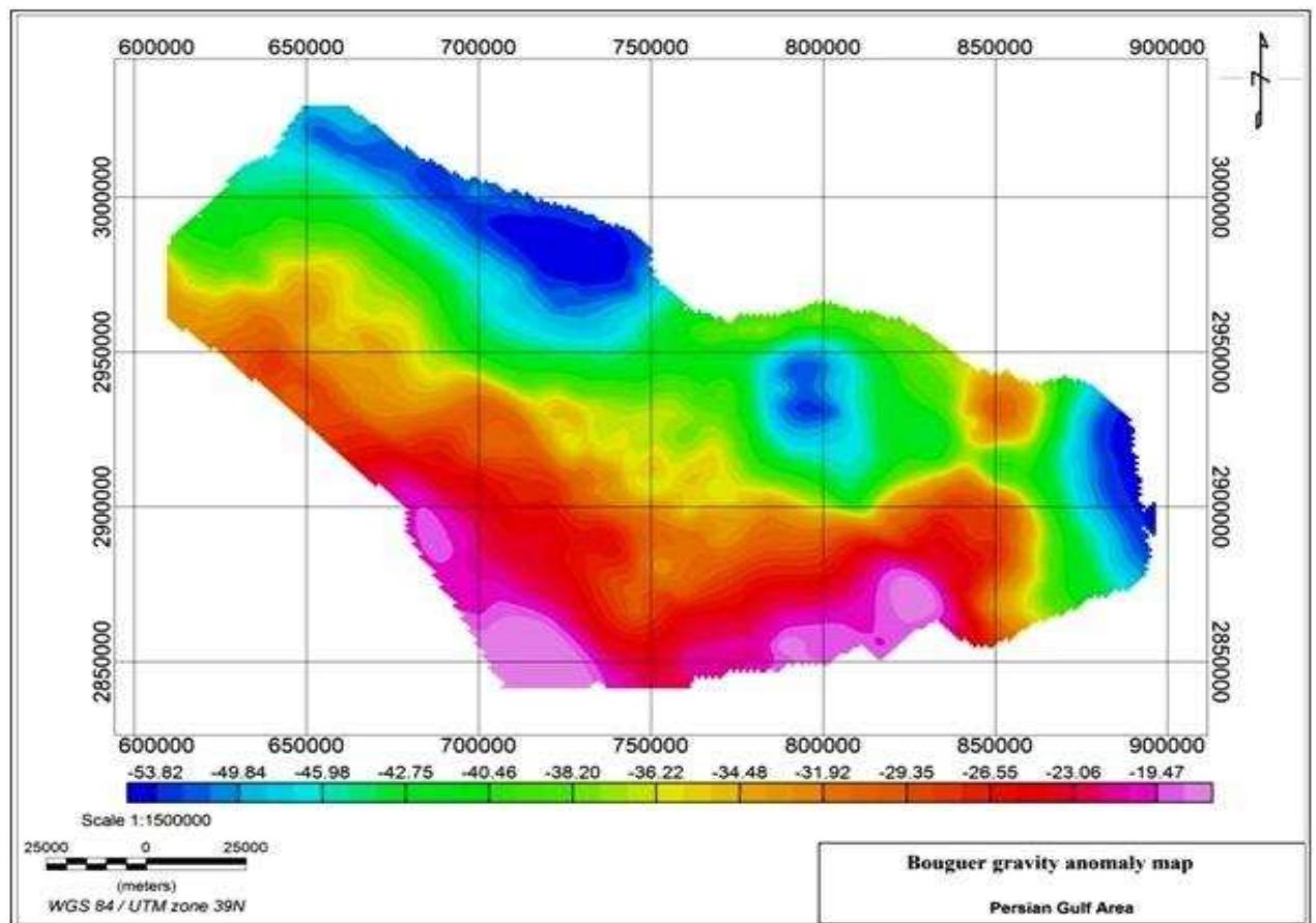 Bouguer gravity anomaly map of the exploratory region in the