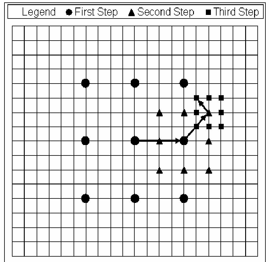 Three step search procedure. the motion vector is (5, -3).
