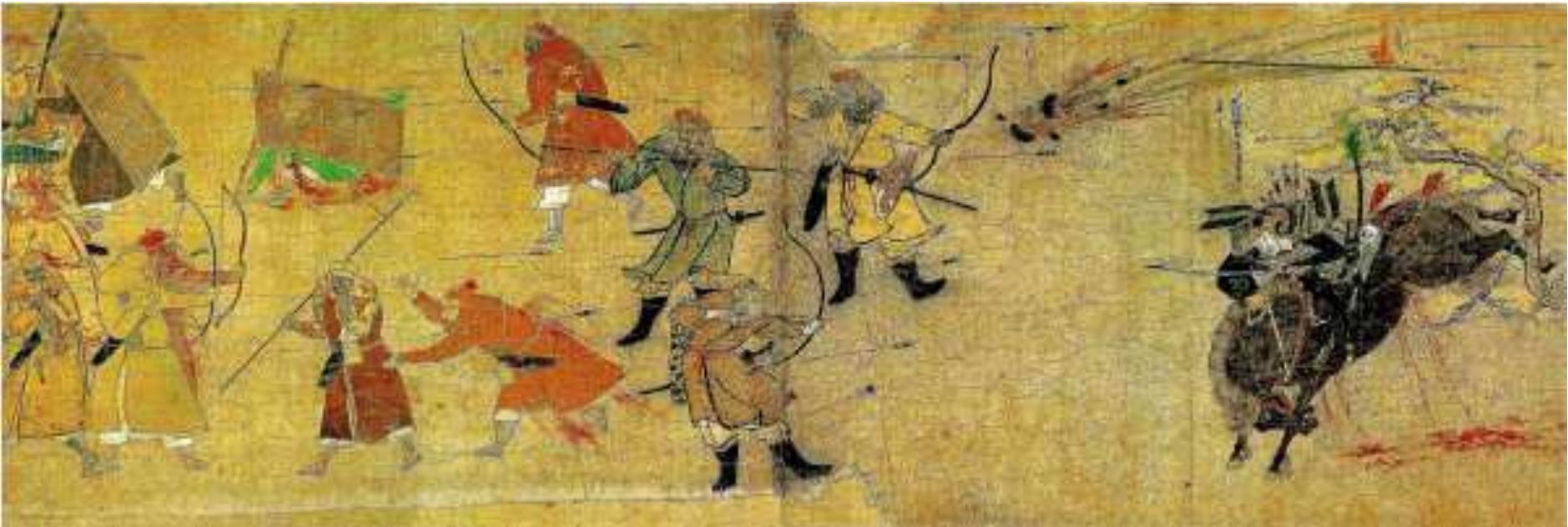 Mongol archer launched a ceramic bomb at the Japanese defenders Along with an intensified ship-building programme, the Mongols began to improve on the structure of the Song ships and built much larger models, based on the Indian designs that they had meticulously studied over the years, by sending scouts to the Indian Ocean on a number of occasions.25 The ships that Kublai Khan built often carried more than the 9 sails that most of their contemporaneous models used, some even carried twelve sails.2° Later Japanese archaeological research off the coast of Kyushu, from 1991 to 2003, proved that the ships that the Mongols built during those years had staterooms and watertight compartments for their cargoes and foodstuff, the food was stored in earthen jars.?” From the archaeological finds off Takashima, the size of the Mongol ships was estimated as twice the size of their European counterparts.2® The ships were also equipped with explosive devices in the shapes of ceramic bombs?? to be launched by longbows or catapults, a popular method of delivery at the time. It was not clear if the catapult-bombs were thrown from the ships, or just transported by ships and then set up for use on the beach, as during the second Mongol invasion in Japan in 1281.