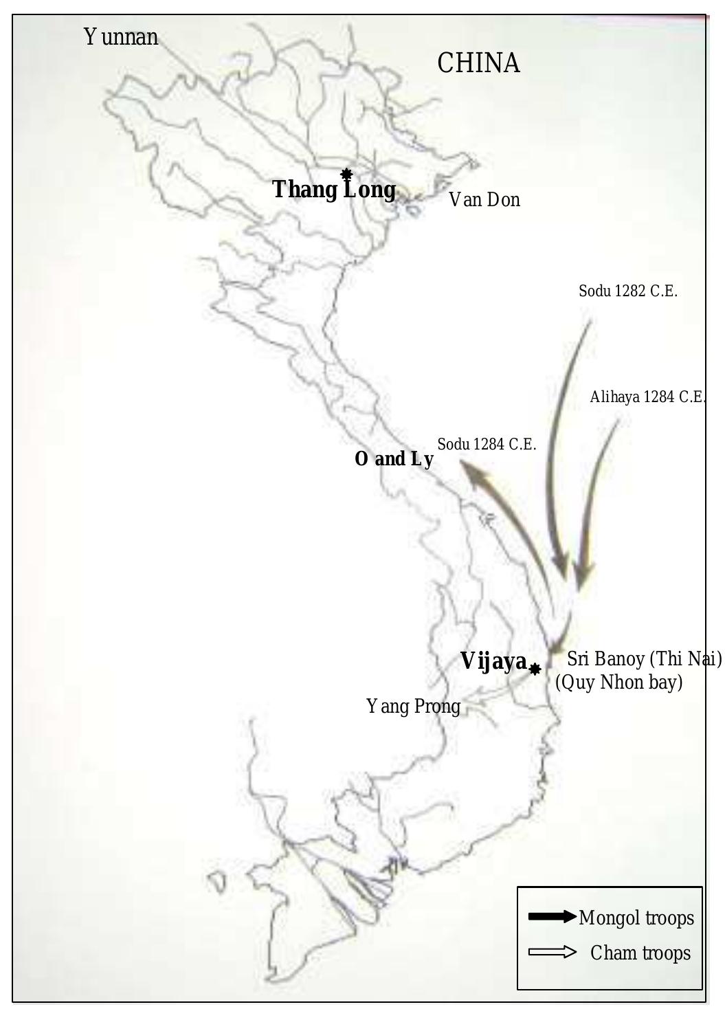 command of Sodu himself, a former Song naval officer Liu Cheng, and a Mongol general, Alihaya. On arrival, Sodu proceeded to make camp on the shore, and despatched several envoys to the Cham camp to ask the Cham king to submit voluntarily. His demands brought no result.%° Yuanshi recorded that he sent two envoys, travelling to the Cham camp seven times.37 The period of sending envoys back and forth was probably necessary for Sodu’s force and their horses to recuperate, after a long voyage at sea. The travel from Guangzhou to Sri Banoy was the longest seafaring attempt that the Mongol army and navy had yet undertaken in their maritime campaigns. Although Mongol envoys had been sent by ships to as far as India in the previous years, the Mongols’ earlier maritime invasions were to Japan, across a shorter stretch of open water, respectively in 1274 and 1281. The month long journey down the
