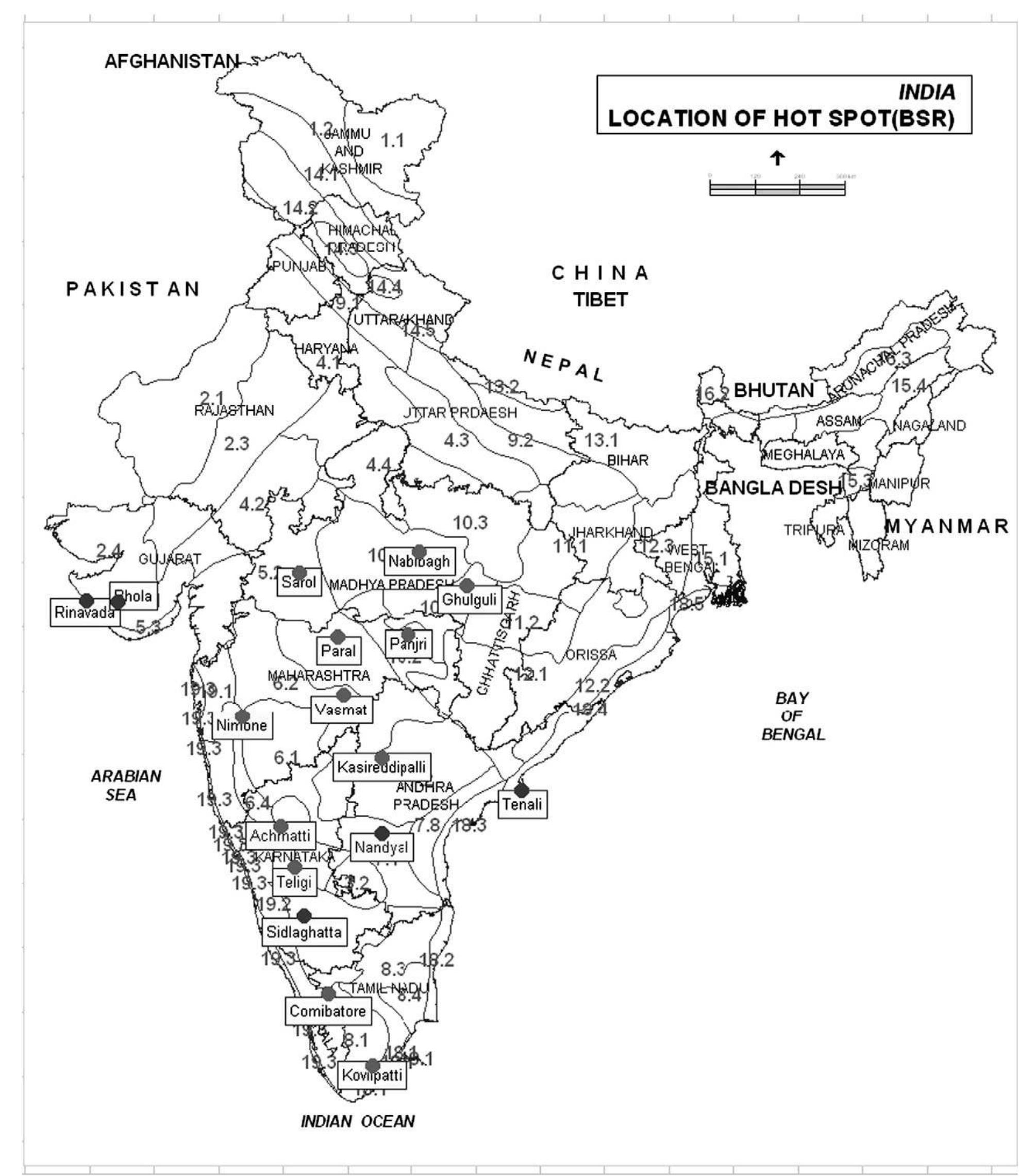 Aesr map and the locations of bench mark spots in black