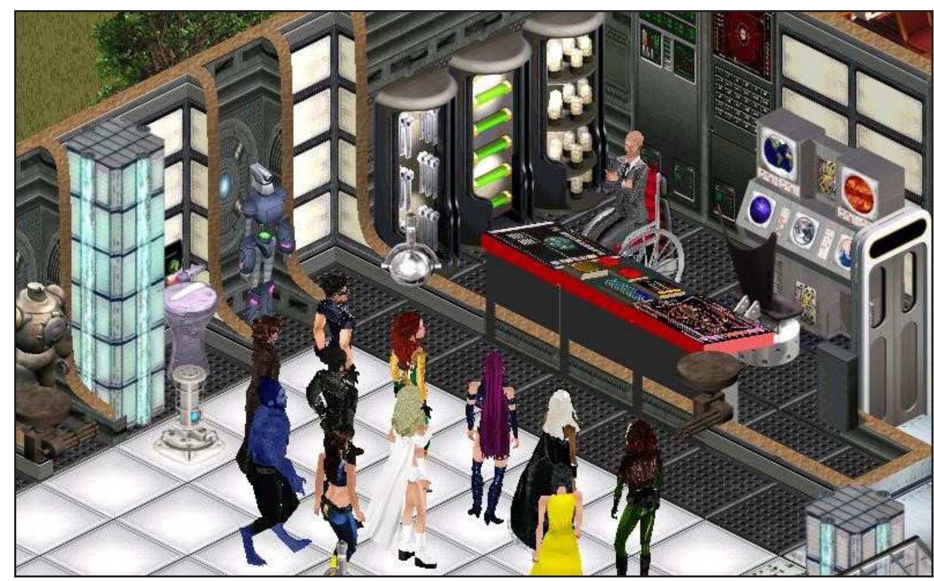 Fan-made X-Men Sims in a custom-made Danger Room. Screenshot from The Sims (Price, 2012).  degree on crowdsourcing and member participation; but it is the passionate drive of the fan themselves that ensures that projects such as the CTO Sims  file archive survives. These Sims sites have become part playground, part repository for their members; places where they can mingle, relax and collaborate on projects as well as use the public service that the digital archives provide.  Te ee ye EY 9 a ee | 