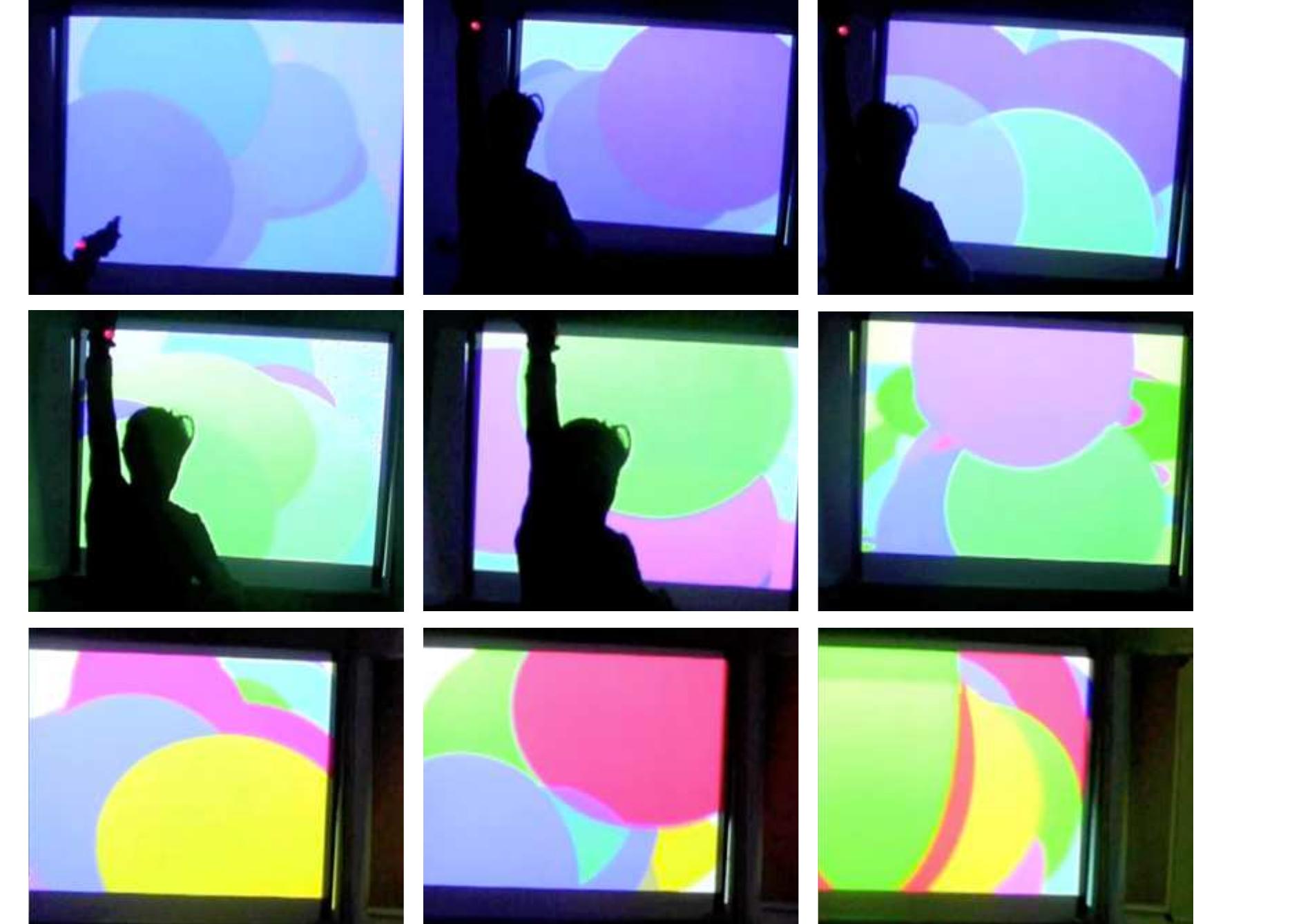 Figure 12. Stills from “Firefly Fury”: Marathon Demonstration (2012) showing gradual increase of color hue variety in the foreground layer: it starts with just shades of blue (when in the farthest back position), then expands to include purple and green (as the daancer moves forward), and then expands further to include a yet broader range of hue: red, yellow, orange,  the whole rainbow (as the dancer moves even closer toward the camera). Photos by Danielle Y. Robinson. View the video at  http://vimeo.com/fluxations/ff. 