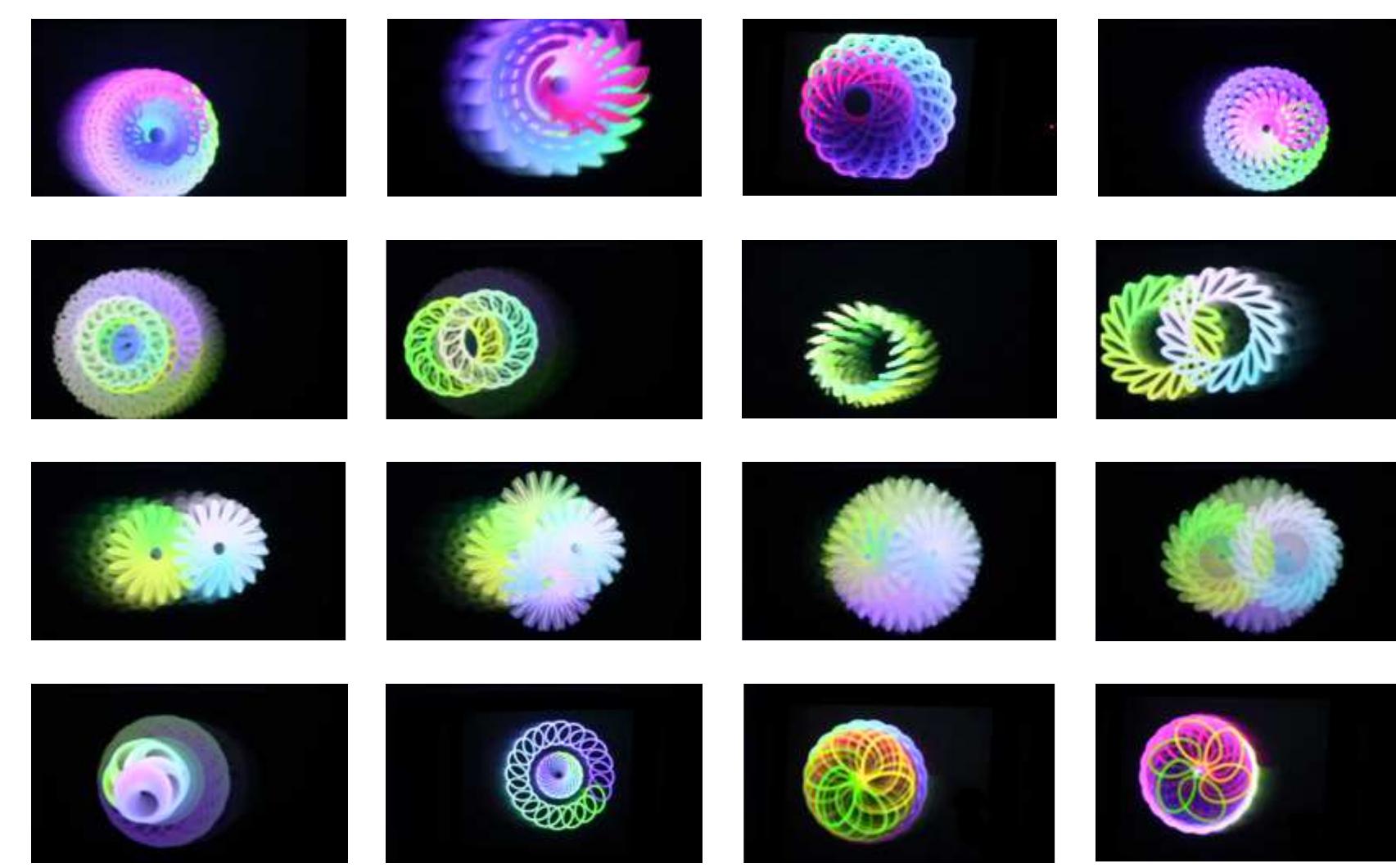 Figure 16. 16 stills (ordered chronologically) from the filming of an improvised demonstration of FluxNoisations in September 2012, at the Columbia Computer Music Center. These show fluctuating color geometries arising from various positions and motions of the hands and body. Photos by Danielle Y. Robinson. View the video FluxNoisations Potpourri here: http://vimeo.  com/fluxations/fnp. 