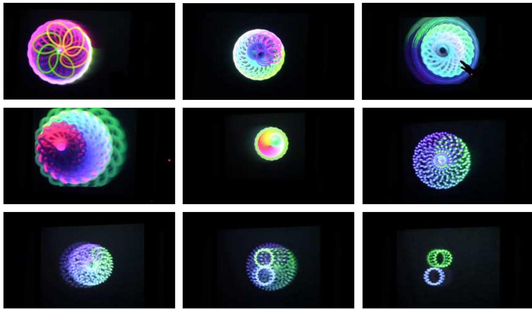 Figure 17. Nine stills (ordered chronologically) from the filming of an improvised demonstration of FluxNoisations in Septembe 2012, at the Columbia Computer Music Center. These show fluctuating color geometries arising from various positions and motions of the hands and body. Photos by Danielle Y. Robinson. View the video FluxNoisations Potpourri here: http://vimeo.  com/fluxations/fnp. 
