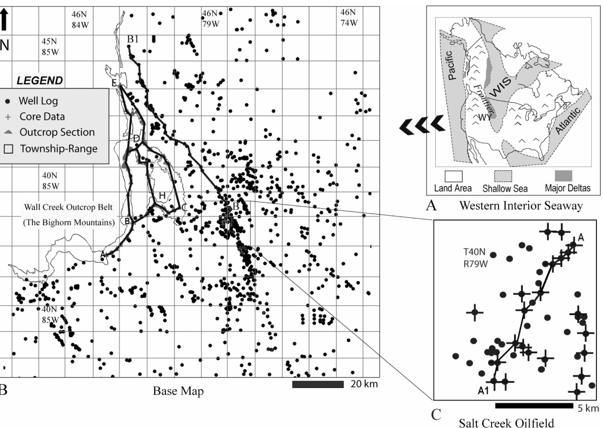 - a) schematic paleogeographic map of the western interior