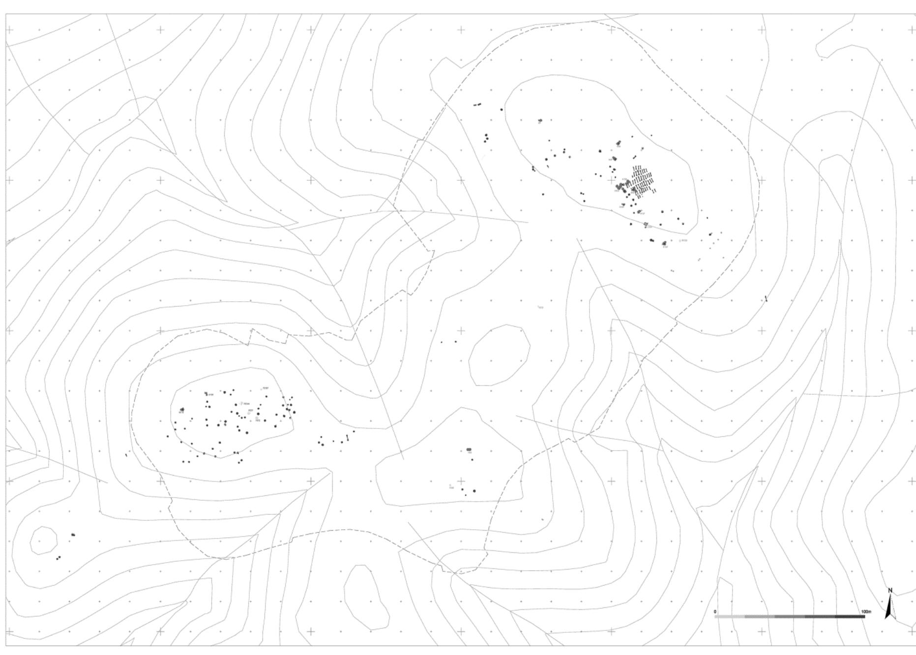 Figure 2. Distribution of the negative structures over the two hills. 