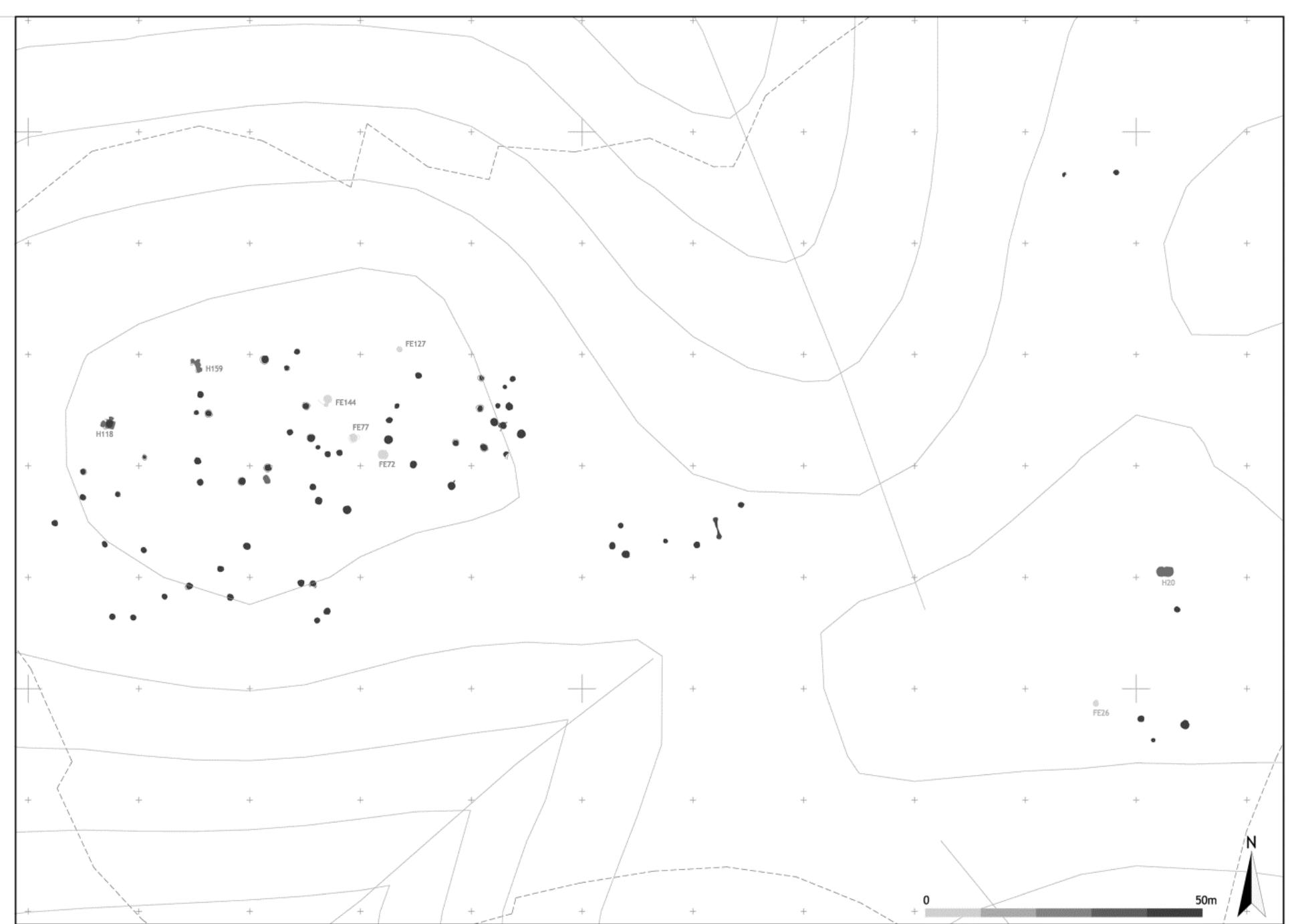 Figure 3. Distribution of the negative structures in the northeast hill. 