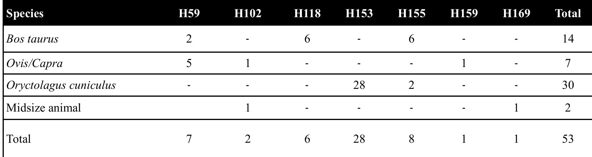 The types of bones appearing were radii, in the case of  The arrangement found in H153_ reveals some particularities. On the one hand, the remains of a single skeleton of an adult female were recovered grouped into small clusters. Just some parts, the left shoulder blade, thoracic and lumbar vertebrae and the sacrum were found in articulation (Rodrigues 2011: 43). In the centre of this, a partial rabbit skeleton was recovered, made up mainly of elements of the upper and lower limbs and some vertebrae. As the ceiling of this chamber had collapsed, we should not rule out the idea that the presence of the rabbit is intrusive (and the dispersion of the human remains is due to post depositional processes), but in reality there was no_ stratigraphic evidence to unequivocally support this hypotheses. Considering the fact that the osteological remains, of human and animal, were found at the same height in the base of the funerary chamber (almost two meters from the surface), the sediment which fills the pit provided little archaeological  Table 1. Frequency of faunal remains associated with hypogeal. 