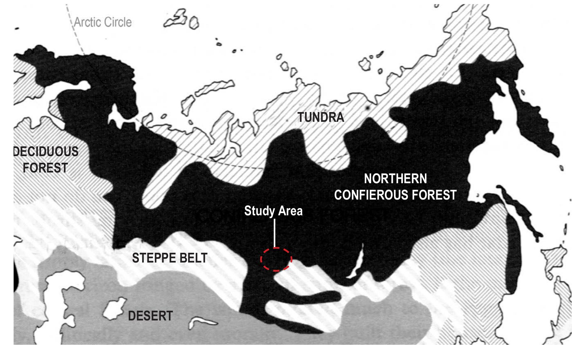 Siberia (Altai and Tyva Republics), northern Xinjiang, China, northeastern Kazakhstan and Figure 2.2. Latitudinal map with study area (after Christian 1998, map 1.2).