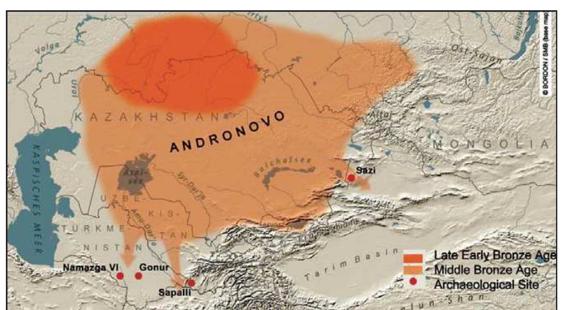 Figure 2.4. Range of Andronovoculture and its spread south and eastward (Parsnger 2008: Fig.2).