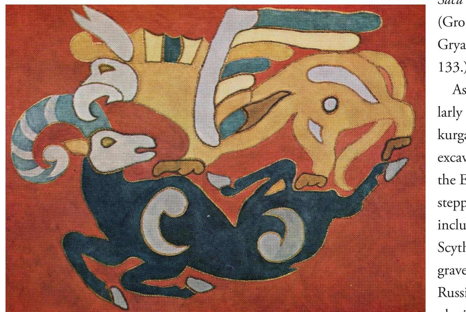 Figure 2.6. Typical animal style artwork, a reconstructed felt appliqué on a saddle cover from Pazyryk I (Rudenko 1970, pl. 170).