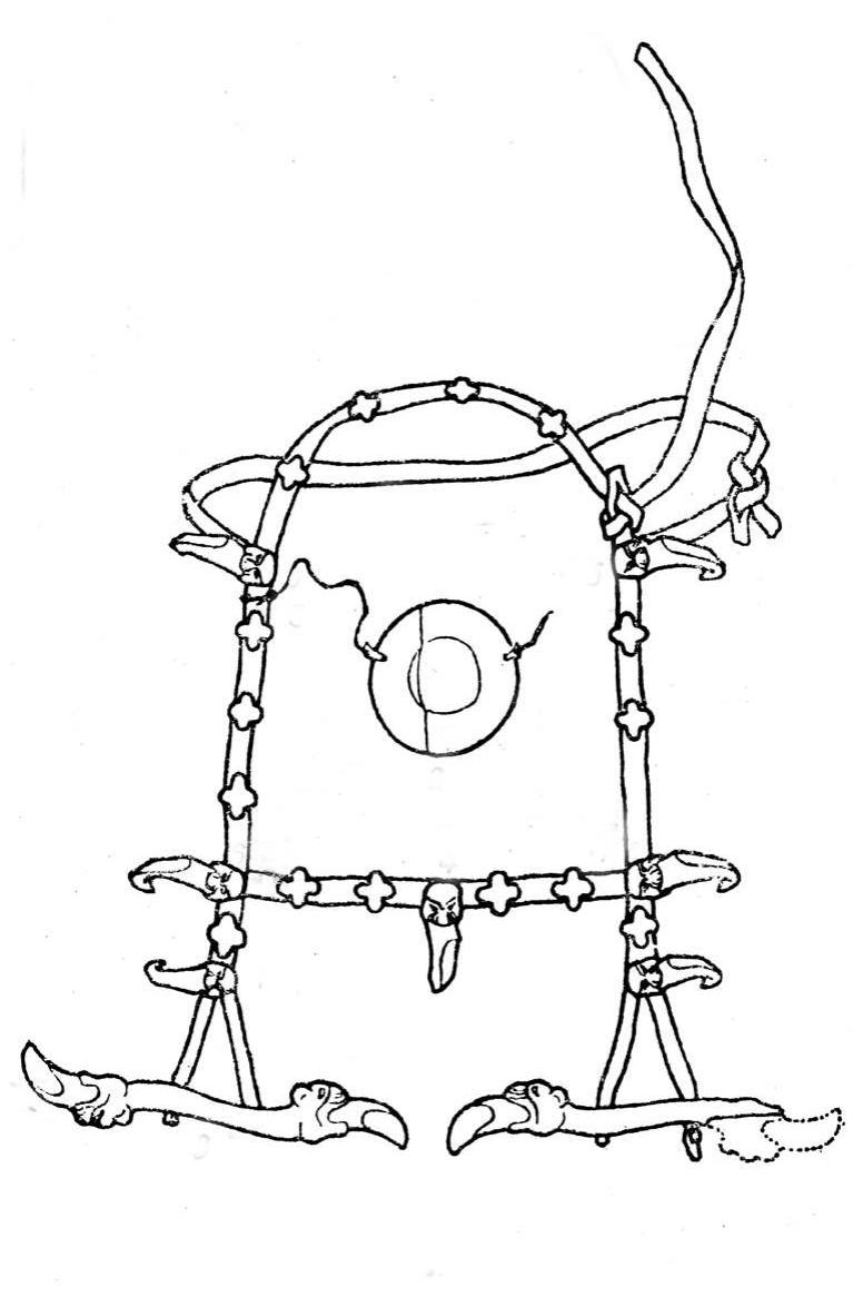 Figure 2.18. The bridle from horse #2, Pazyryk 1 (after Gryaznov 1950, fig. 21). Preliminary Observations Within the Pazyryk burials, it appears that both placement and orientation held signifi- cance. The narrative ascribed to the place of location of the cemeteries is that the dead wer yuried in the “pastures of heaven,” close to the Otherworld in the sky where souls go upon leath (e.g., Polosmak 1994b: 9; Samashev ez al. 2000, Berel: 10). It is possible these were vinter pasturing grounds, as in the winter the snow does not collect there as it does in the ower valleys (Polosmak 1994b: 122; Van Noten and Polosmak 1995: 80). There is a per- vasive sense of the extraordinary nature of these high valleys in the secondary burials placec within the Pazyryk kurgans. The Altai as a burial area remained important through time ar icross a broad swath of Inner Asia. Of his time with Kublai Khan (c. 1270-1295), Marco Ilo noted: