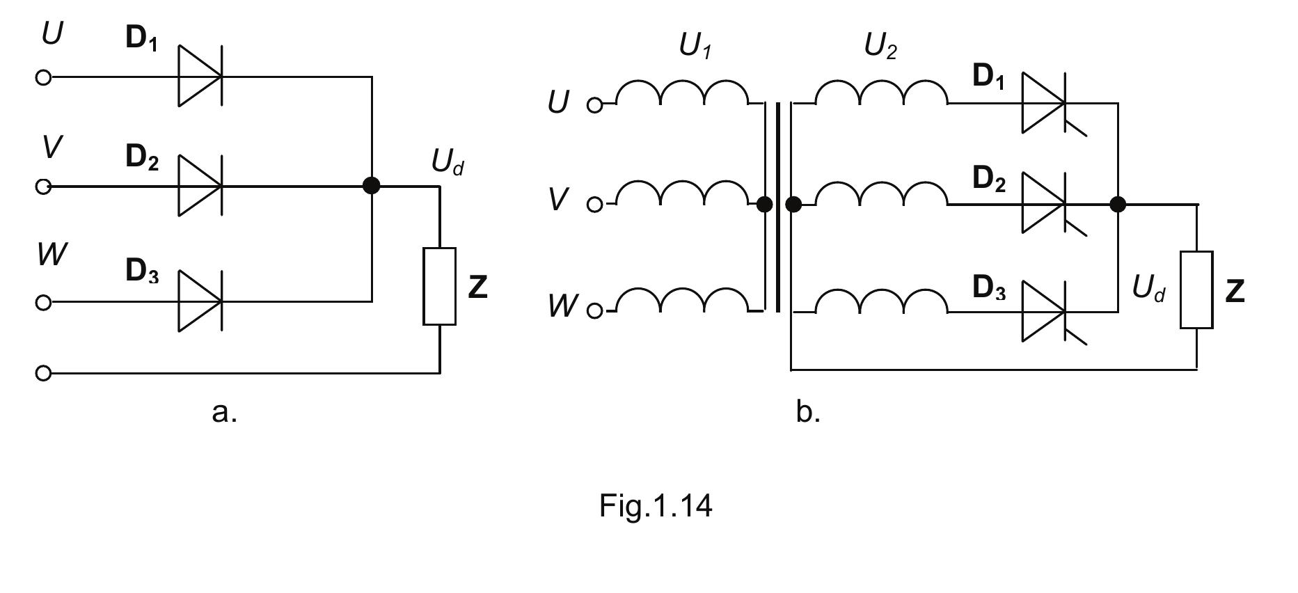 Circuit diagram. three-phase three-diode rectifier circuits