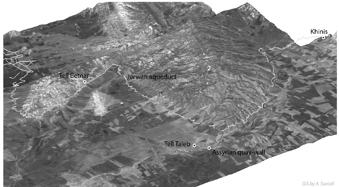 Fig. 8. Orb-View3 images with course of the Canal of Sennacherib and quay location (© Italian Archaeological Mission to Assyria, University of Udine). 