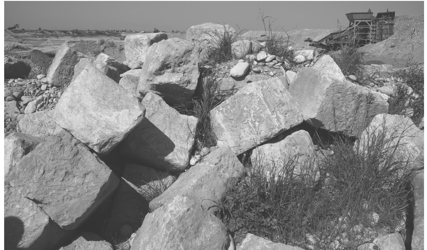 Fig. 10. Heap of dressed limestone ashlar masonry blocks piled up in a cement-brick plant on the left bank of the River al-Khazir (site no. 267; © Italian Archaeological Mission to Assyria, University of Udine).  serves part of a Neo-Assyrian cuneiform inscription. According to the villagers the blocks were in fact transported to Kalakji from site no. 267 on the al-Khazir. 